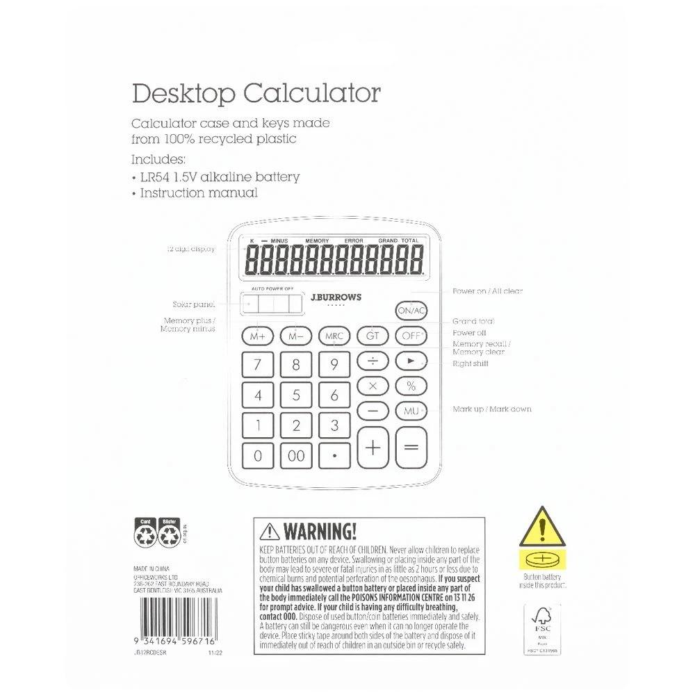 4 J.Burrows Recycled Desktop 12 Digit Calculator Silver, 4 of 4