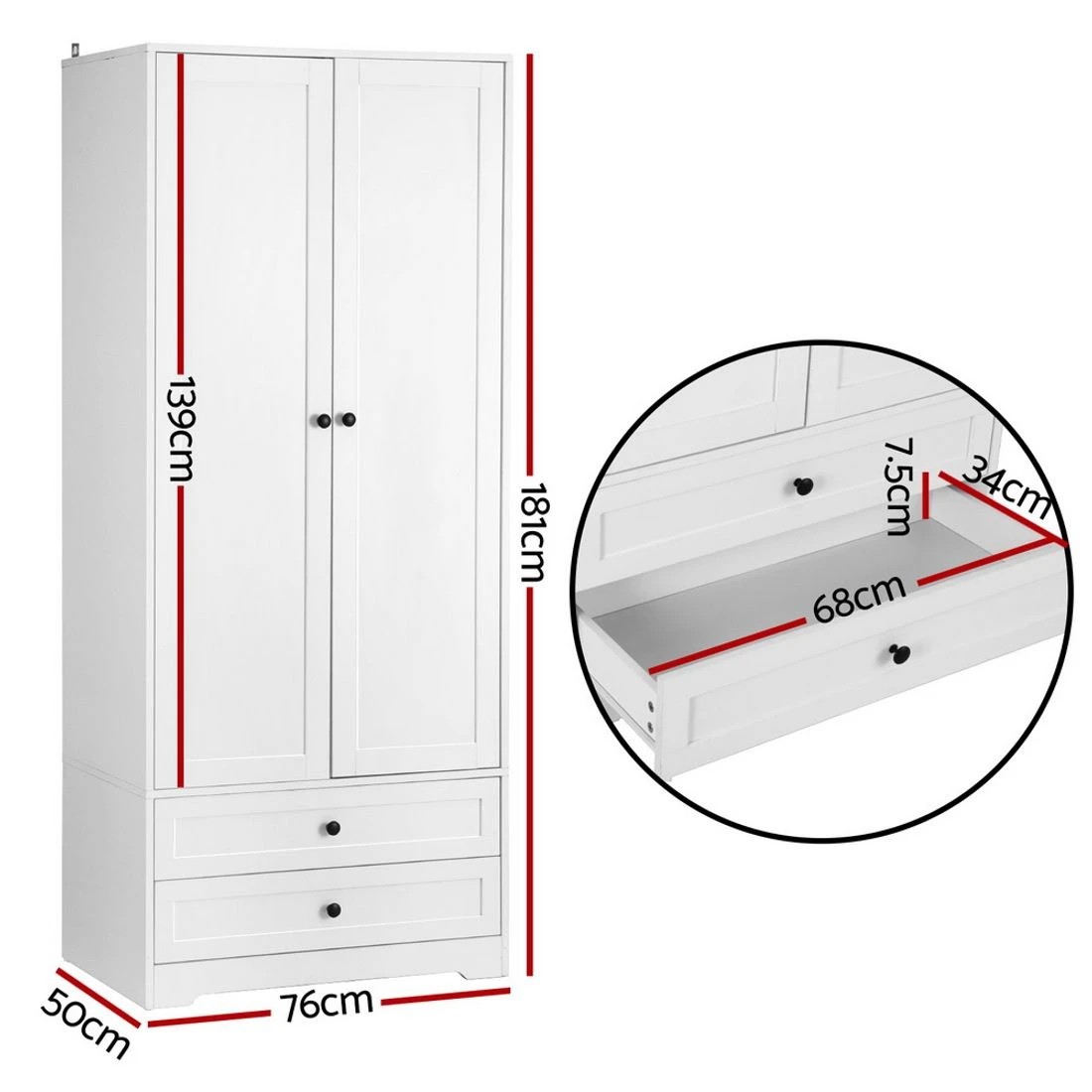 4 Artiss Wardrobe Clothes Closet Storage Organizer with 2 Doors - White, 4 of 8