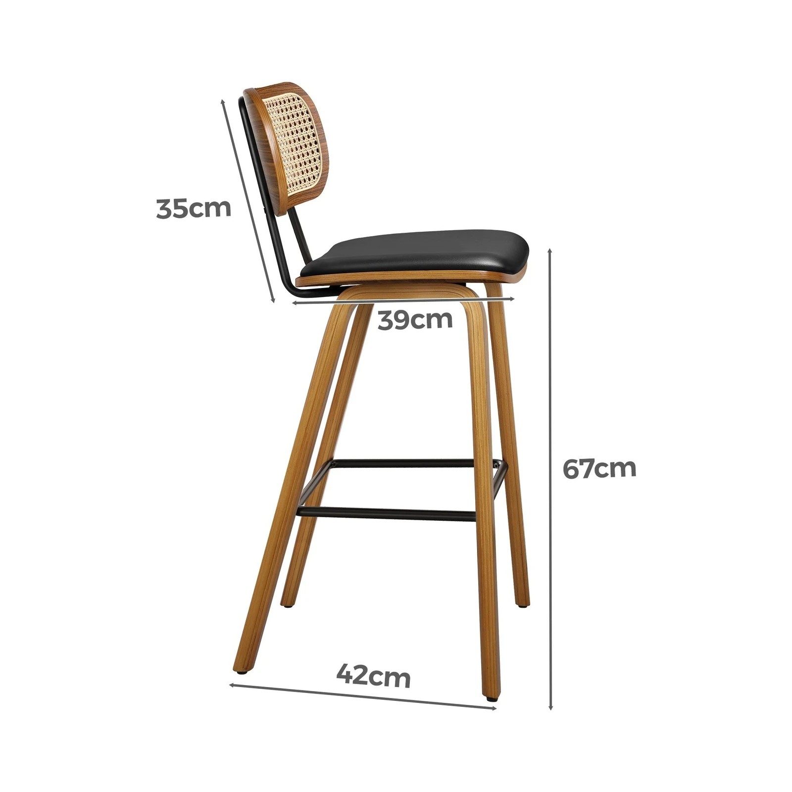 8 Alfordson 4x Bar Stools Kitchen Vintage Leather Seat Rattan Chair Wooden - Black, 8 of 9