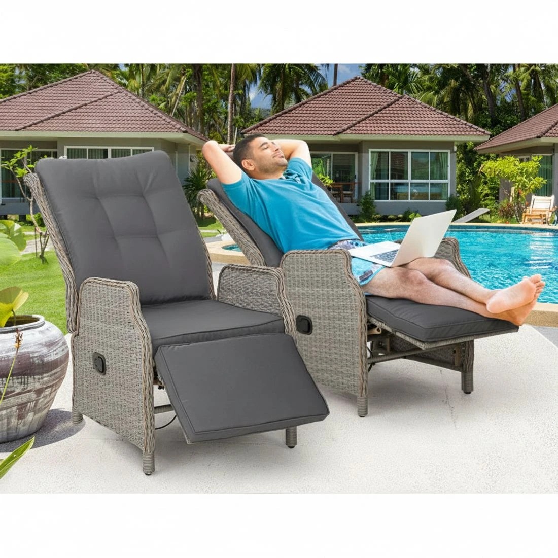 4 Gardeon 2PC Recliner Chairs Sun lounge Wicker Lounger Outdoor Furniture - Grey, 4 of 6