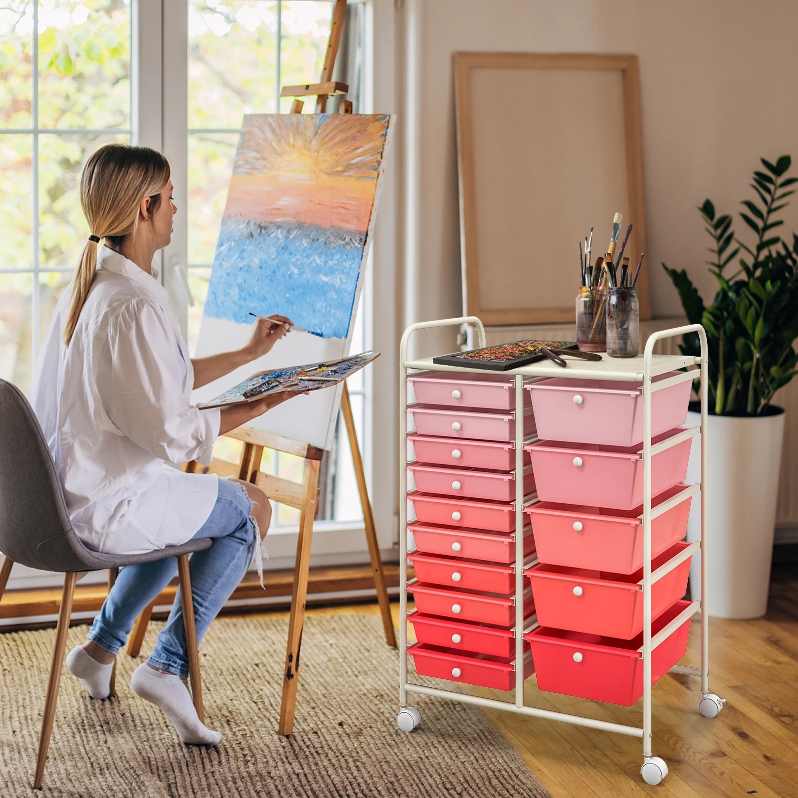 5 Costway 15 Drawers Rolling Storage Cart Mobile Utility Trolley - Pink, 5 of 6