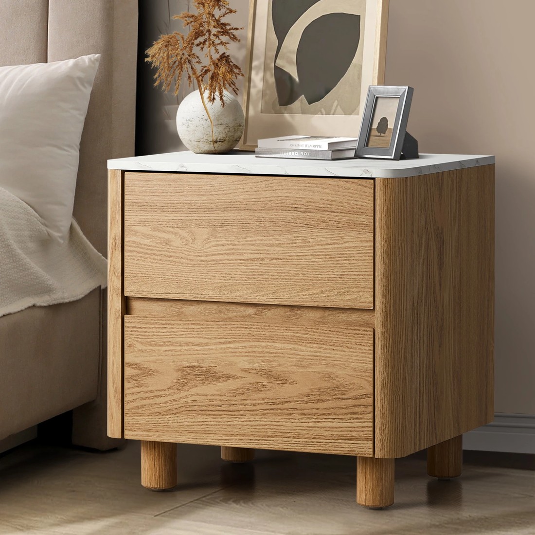 2 Oikiture Bedside Table 2 Drawers Nightstand Faux Marble Top
 - Natural, 2 of 10