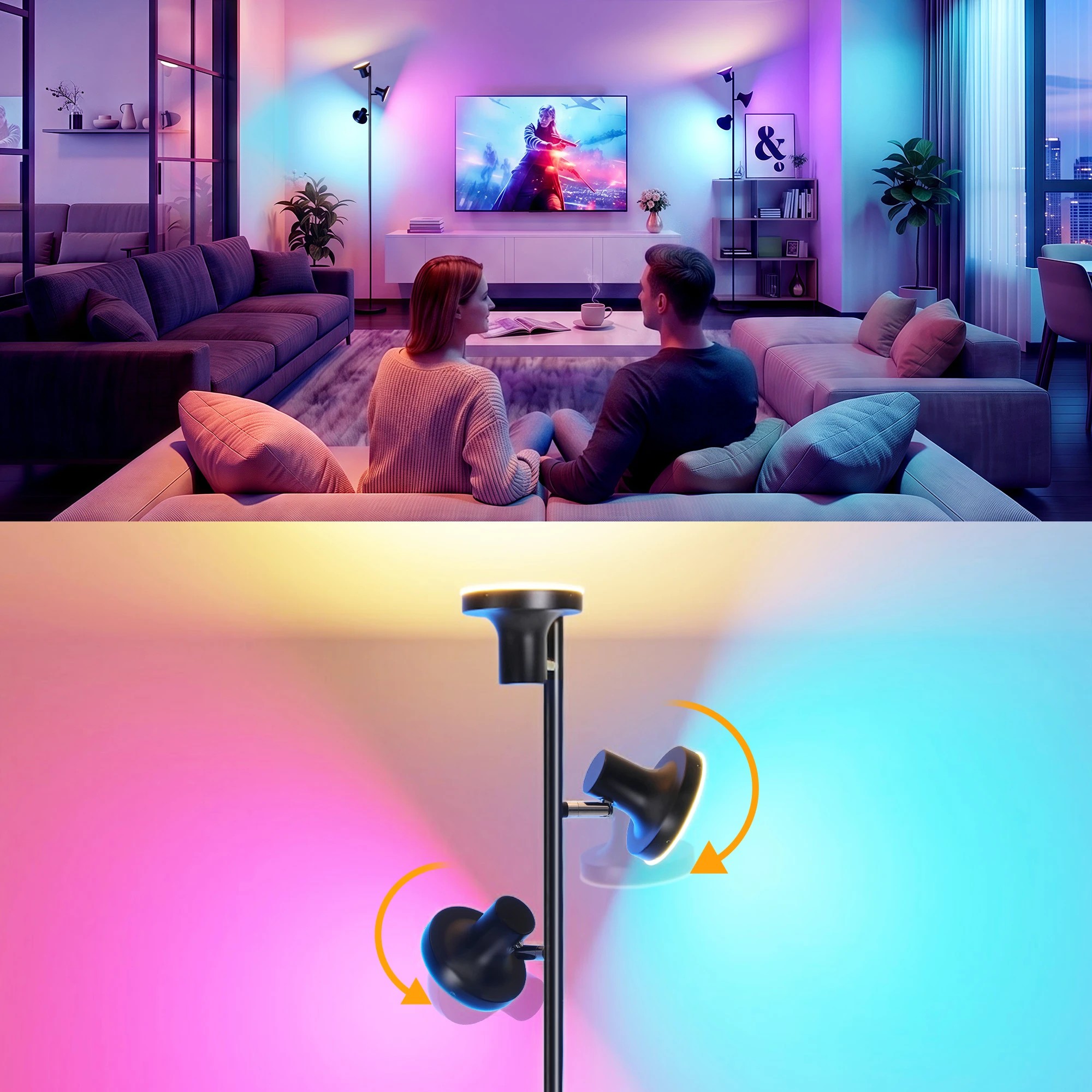 4 Artiss RGB Floor Lamp LED with 3 Swivel Lights Color Changing Lamp with Remote Stepless Dimmable - Black, 4 of 9