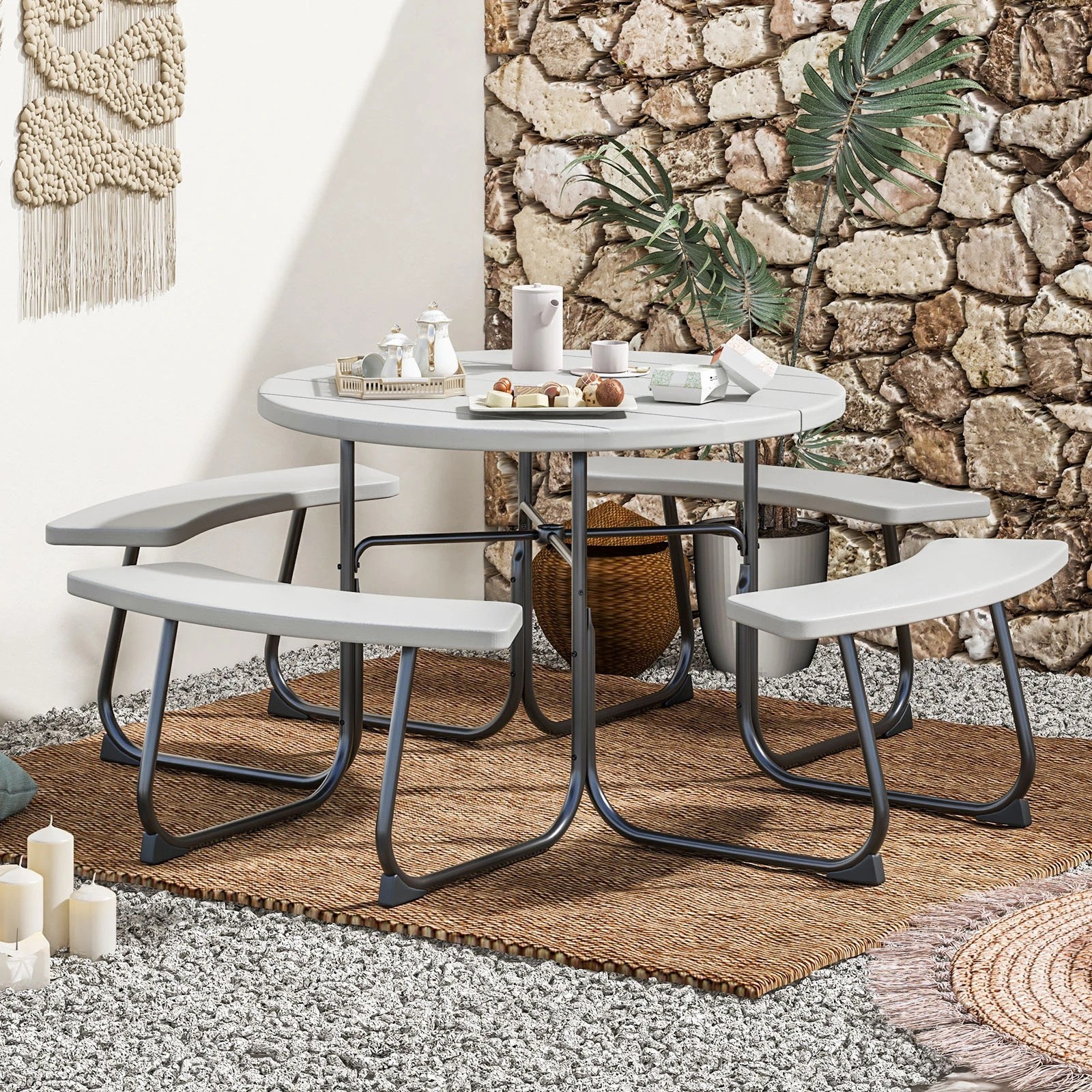 3 Costway 8-person Round Picnic Table Bench Set Outdoor All Weather Dining Table w/Umbrella Hole - Grey, 3 of 3