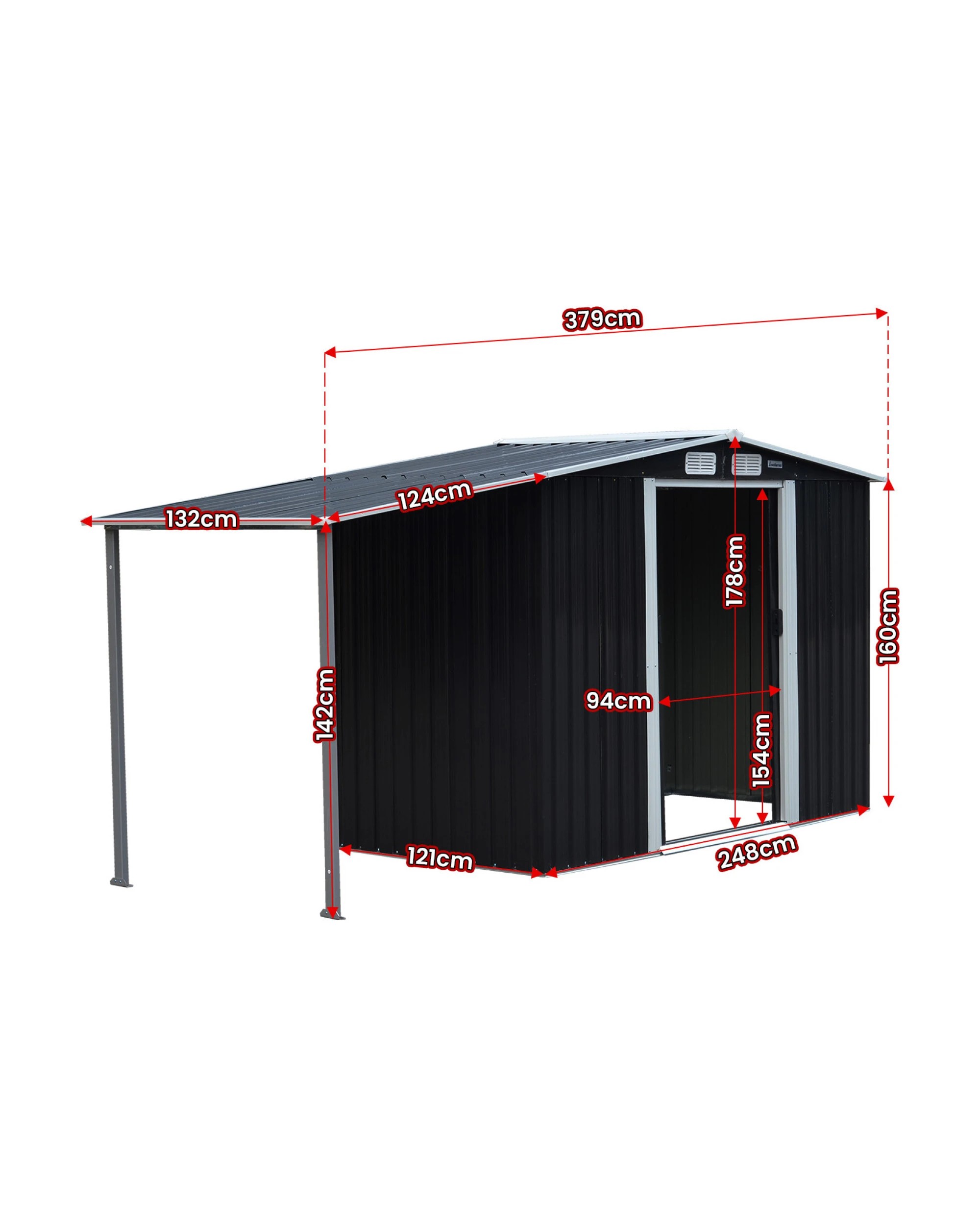 2 Wallaroo 4x8ft Zinc Steel Garden Shed with Open Storage Tool Shelter Sloped Roof - Black, 2 of 8