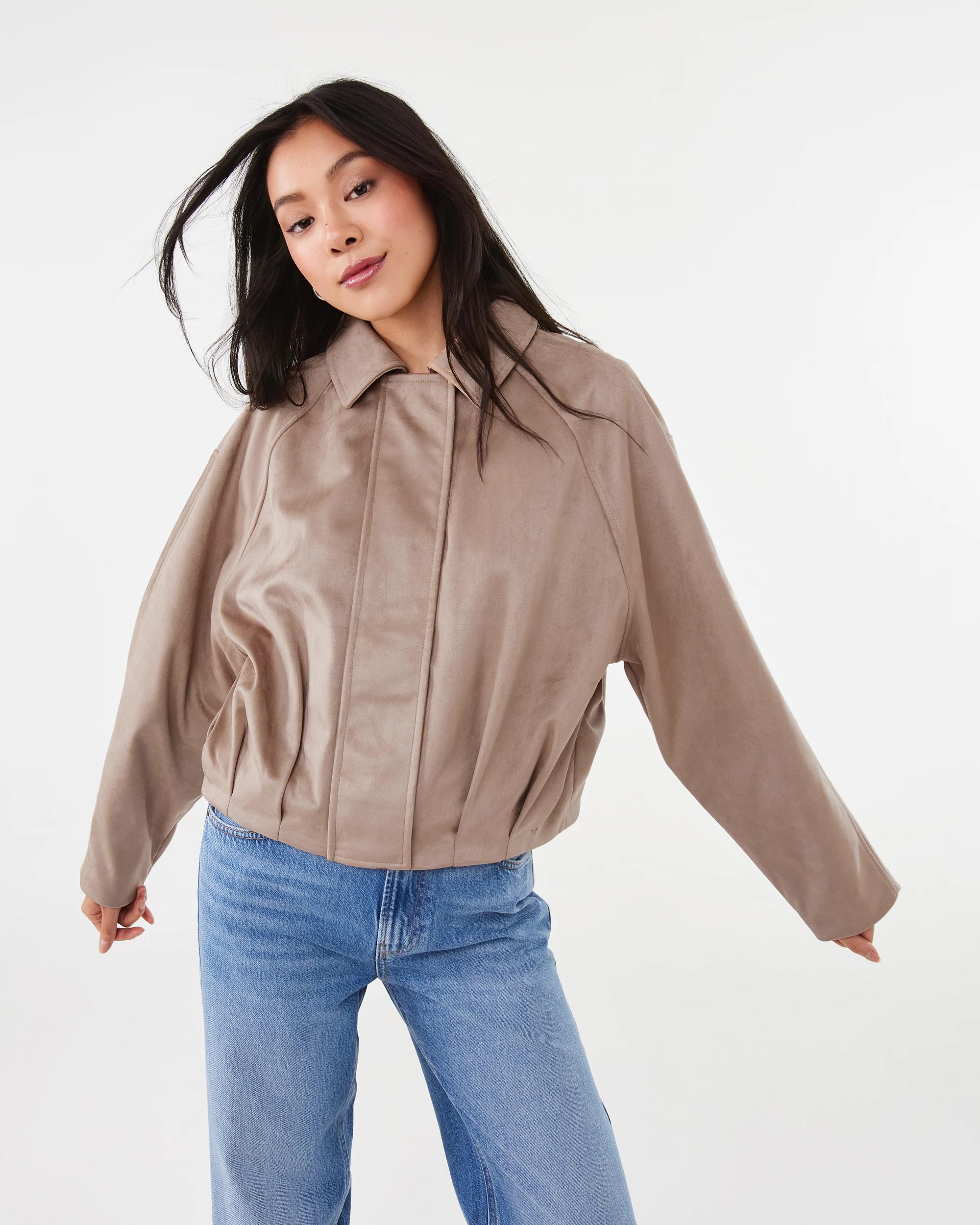 1 Suedette Bubble Hem Bomber Jacket Lt Stone, 1 of 7