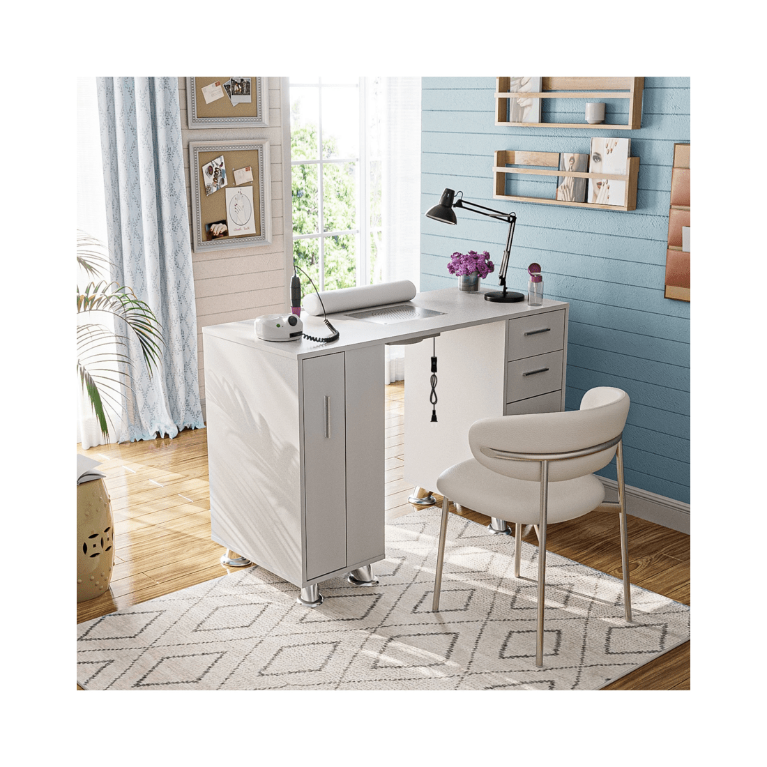 7 Advwin Manicure Table Nail Tech Desk Dressing Table Dust Collector Drawers Cabinet Storage
 - White, 7 of 10