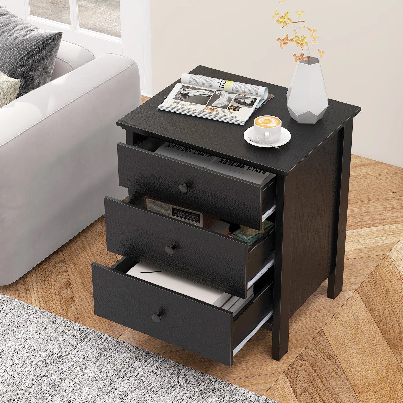 3 Costway 3 Drawers Nightstand Wooden Bedside Storage Cabinet Side Table, 3 of 5