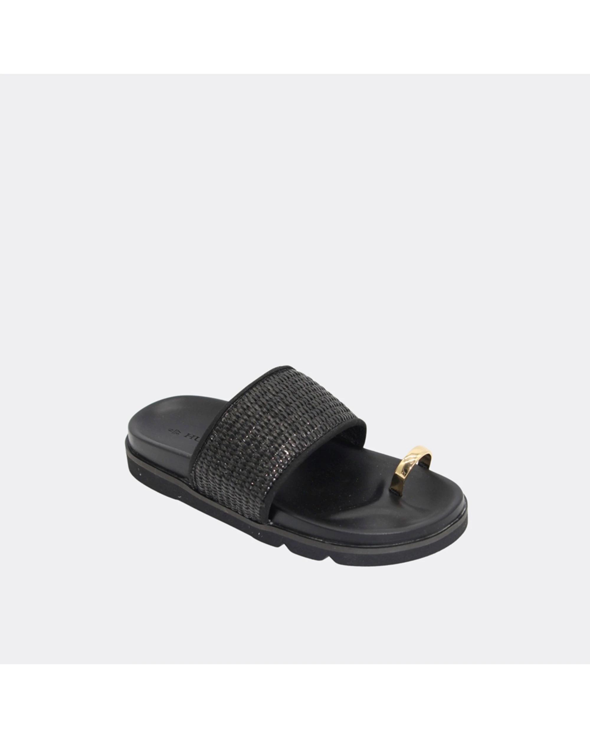 3 Human Shoes Murphy Women's Toe Ring Sandals Woven Raffia Padded Natural BLACK, 3 of 6
