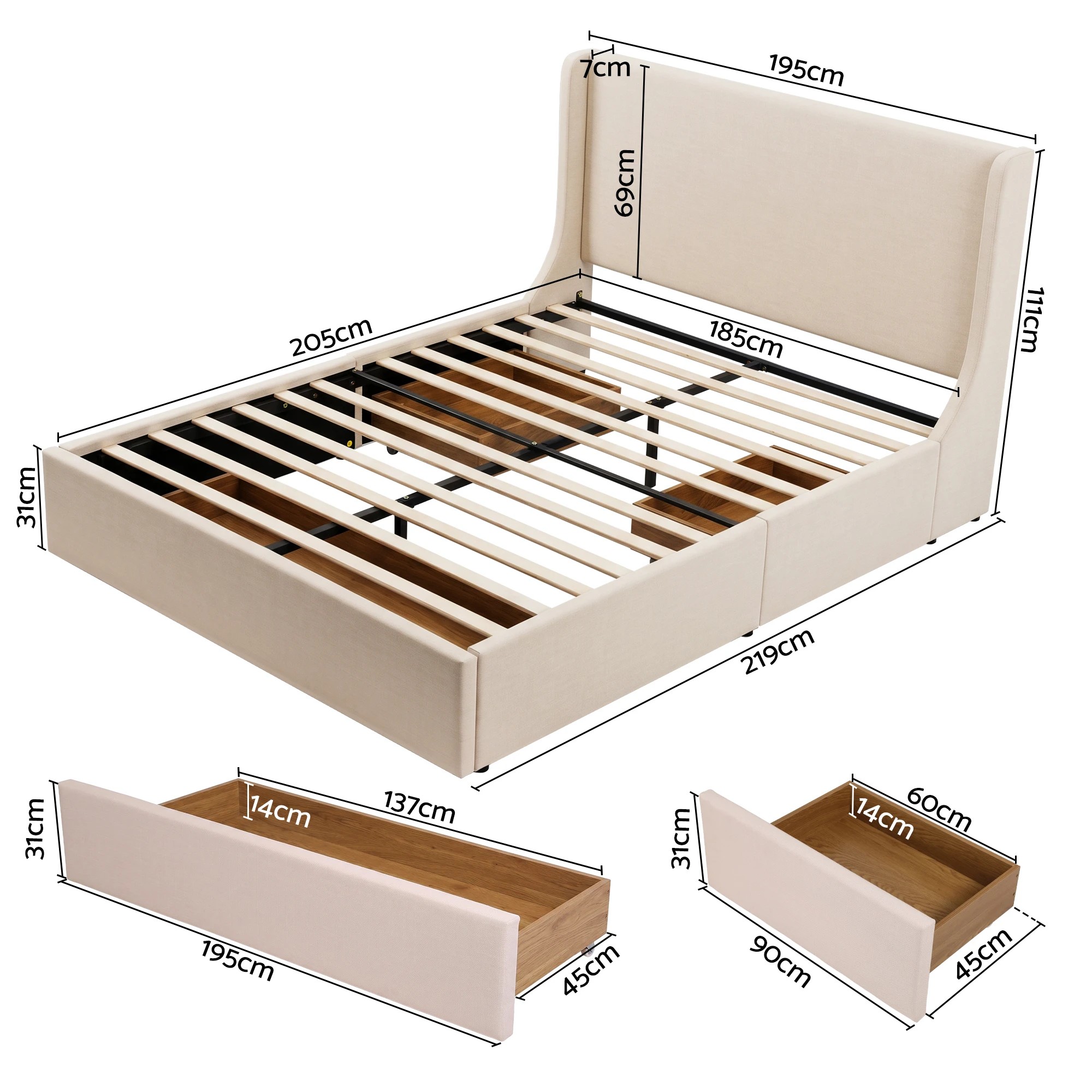 3 Artiss King Upholstered Bed Frame with 3 Storage Drawers Wingback Headboard - Beige, 3 of 9