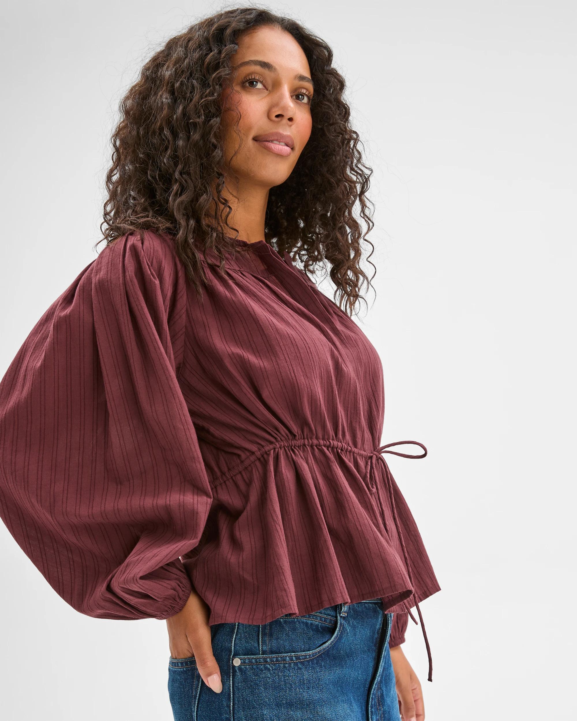 2 Target Woman Short Sleeve Tie Waist Blouse BURGUNDY, 2 of 6