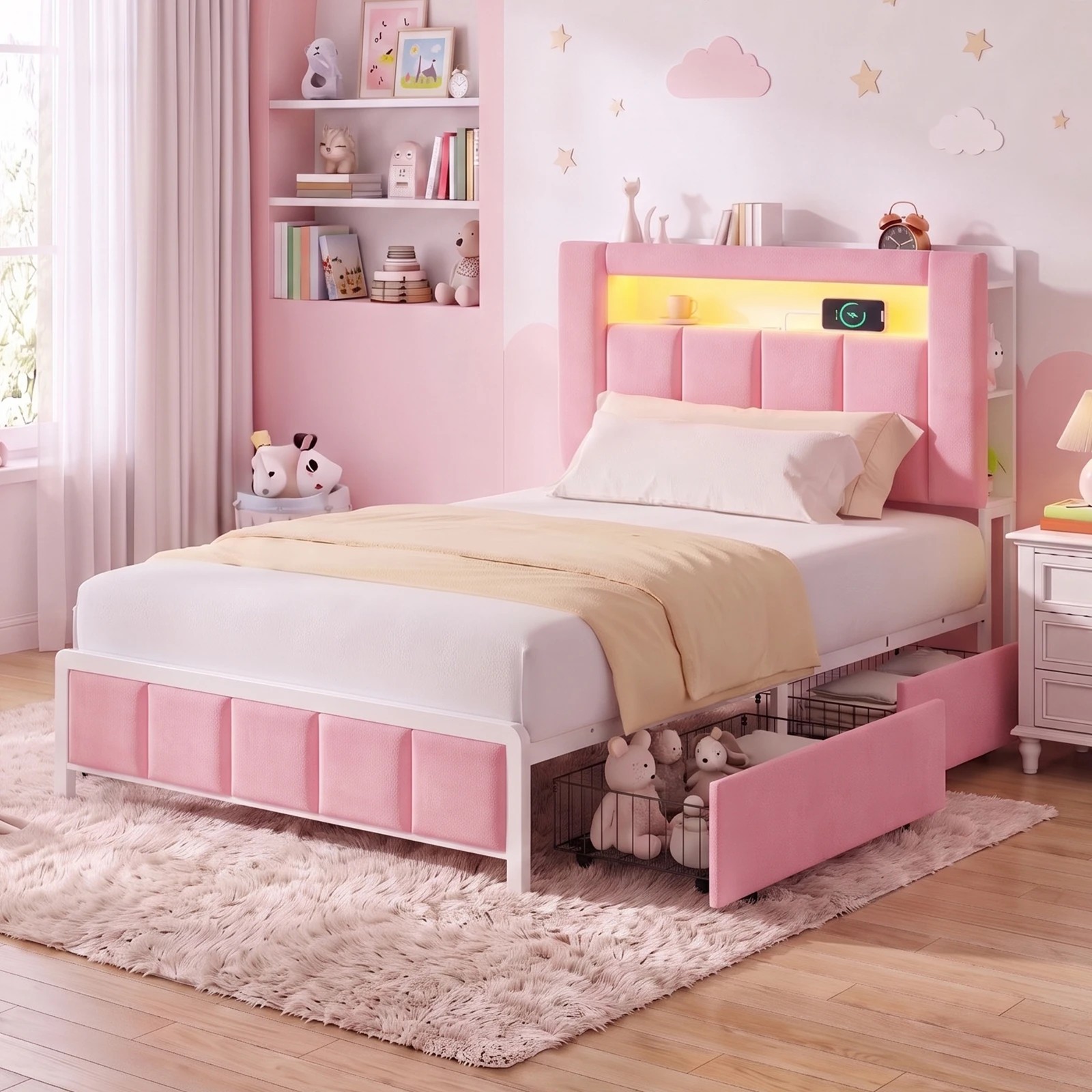 6 Advwin Kingsingle Bed Frame with LED Shelves and Charging Station - Pink, 6 of 7