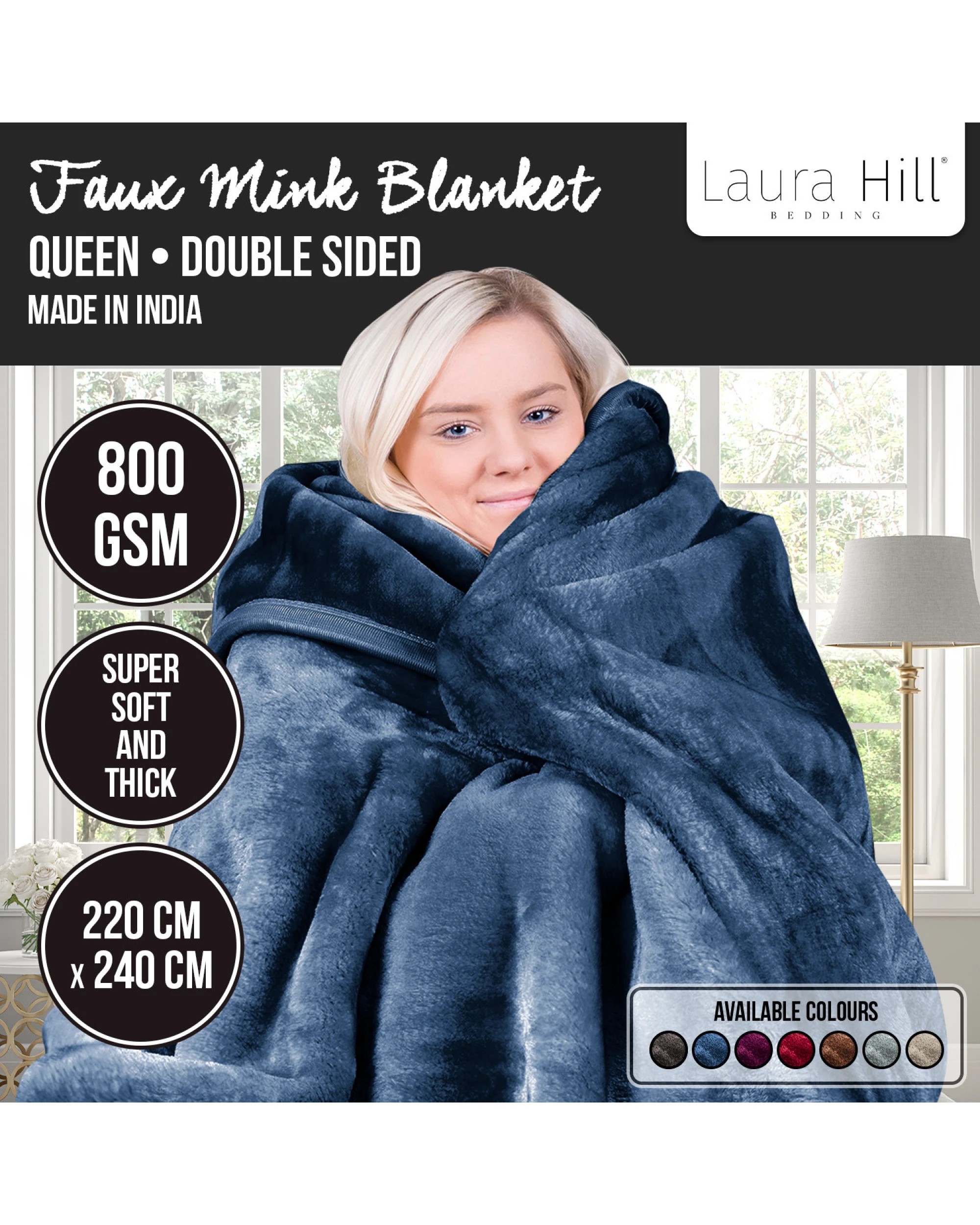 9 Laura Hill 800-gsm Mink Blanket Double-sided Soft Plush Bed Faux Throw Rug Navy Blue
 - Queen Bed, 9 of 9
