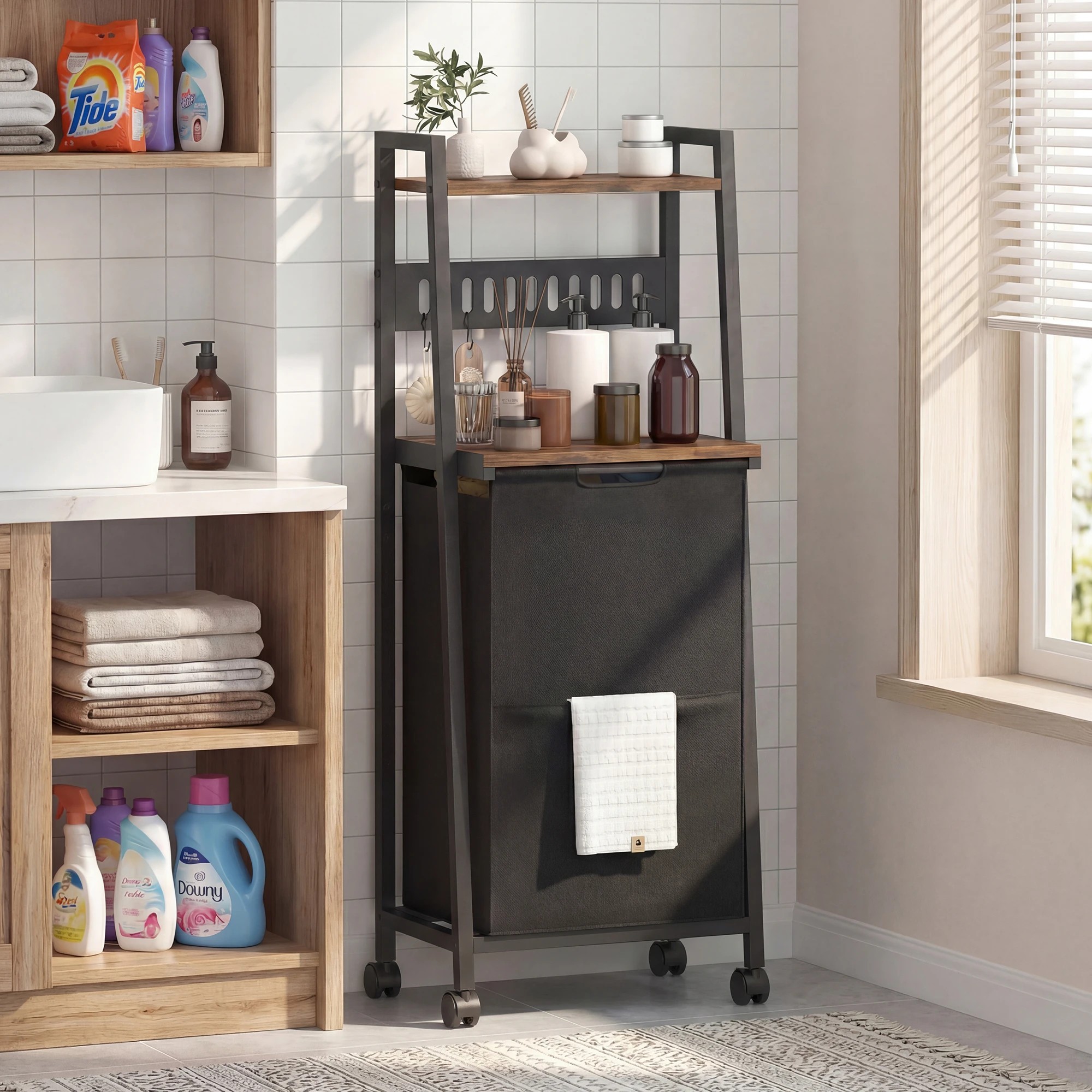 2 Advwin 54L Laundry Hamper with Wheels Shelves Hooks - Brown, 2 of 9