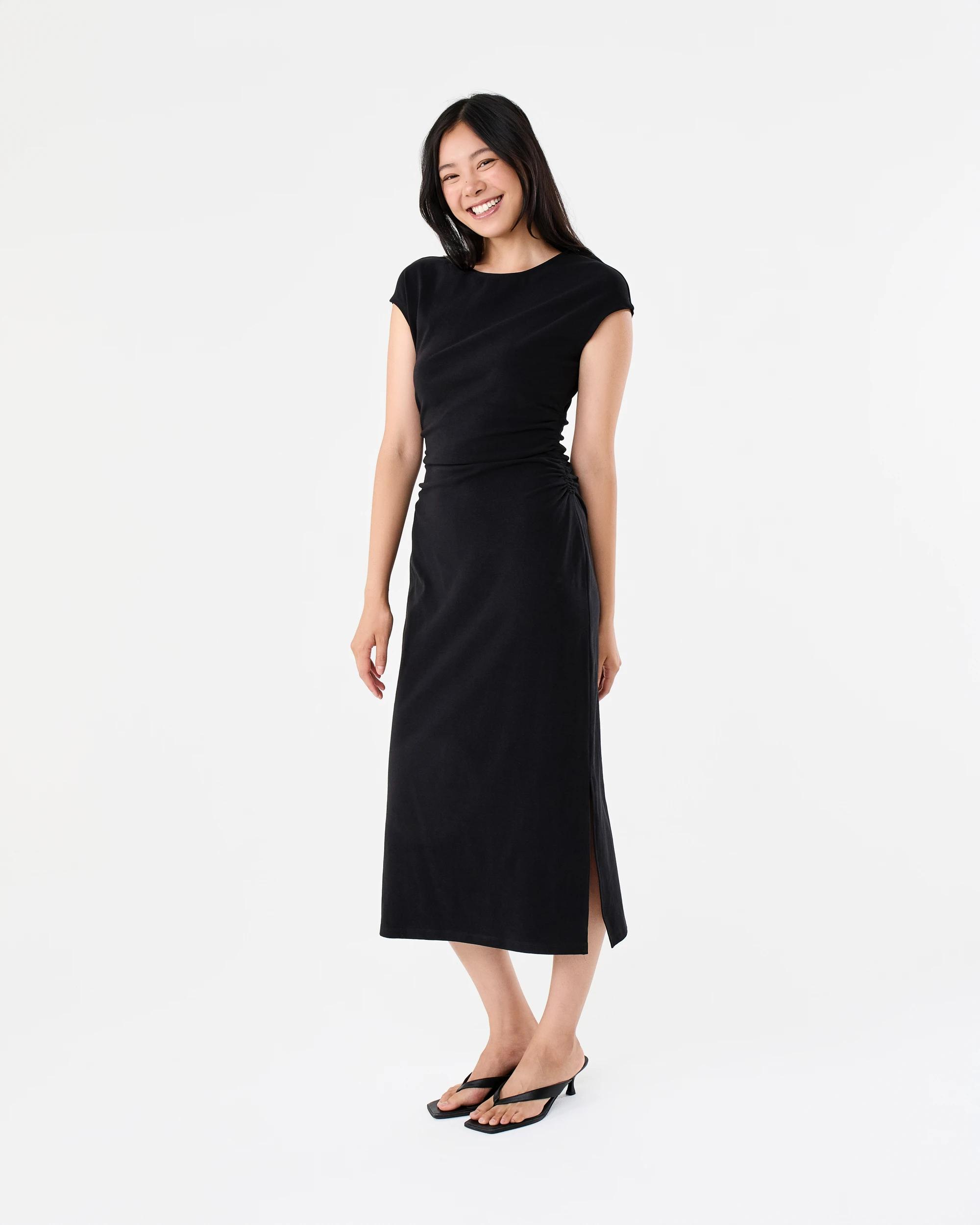 2 Short Sleeve Gathered Waist Midi Dress Black, 2 of 8