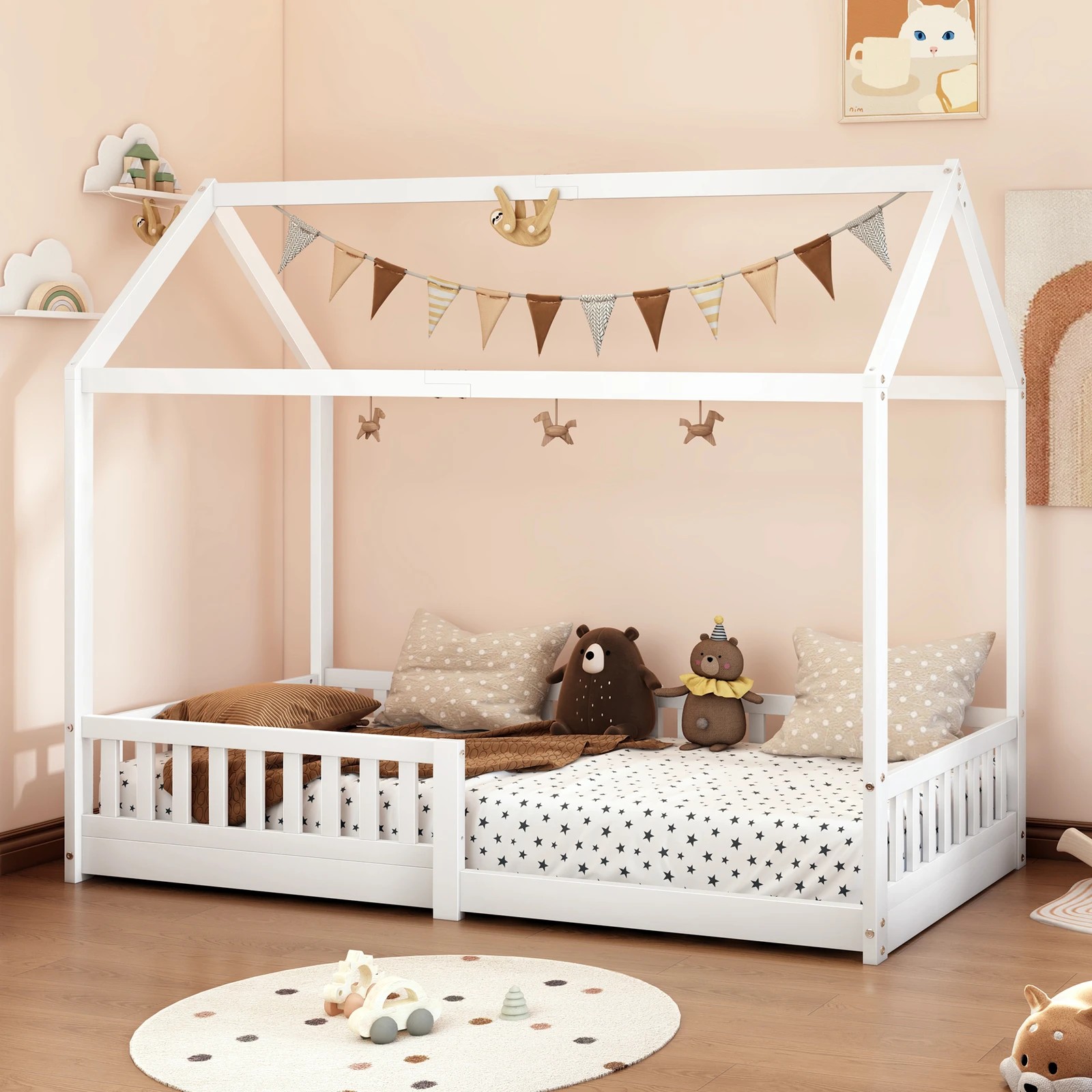 4 Alfordson Kids Bed Frame Wooden Timber Single House Frame Platform Base - White, 4 of 10