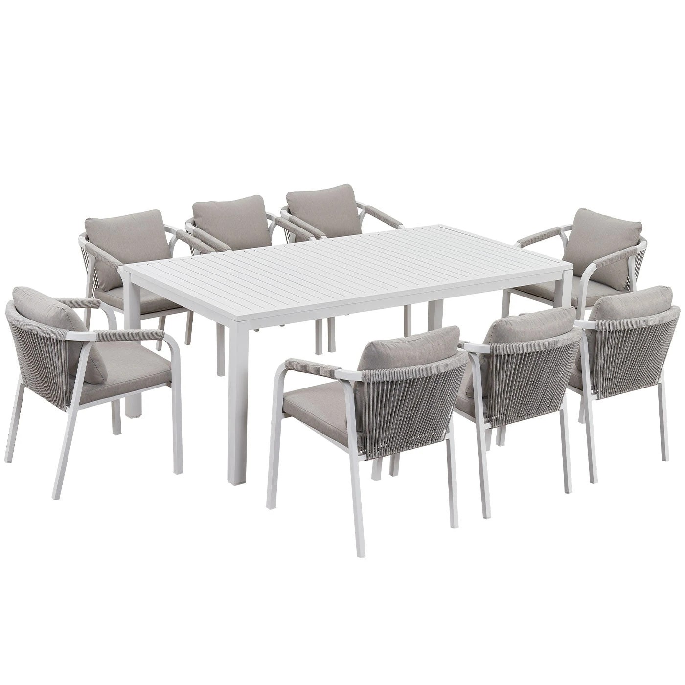 1 Moda Living La Perouse 9-Piece White Aluminium Outdoor Dining Set - Light Beige Cushion - White, 1 of 10