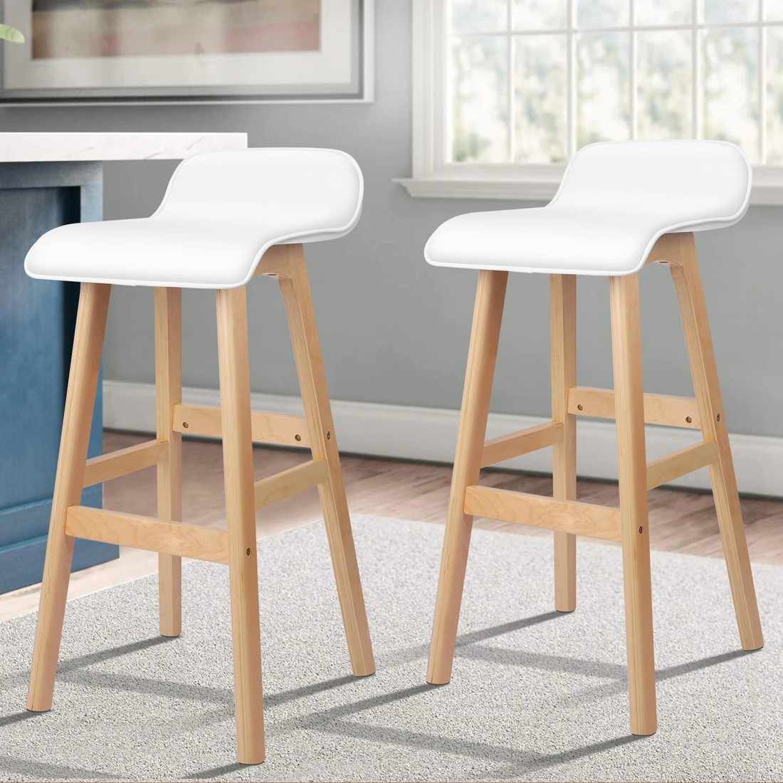 2 Alfordson 2x Wooden Bar Stools Kitchen Dining Chair Leather Samuel - White, 2 of 10