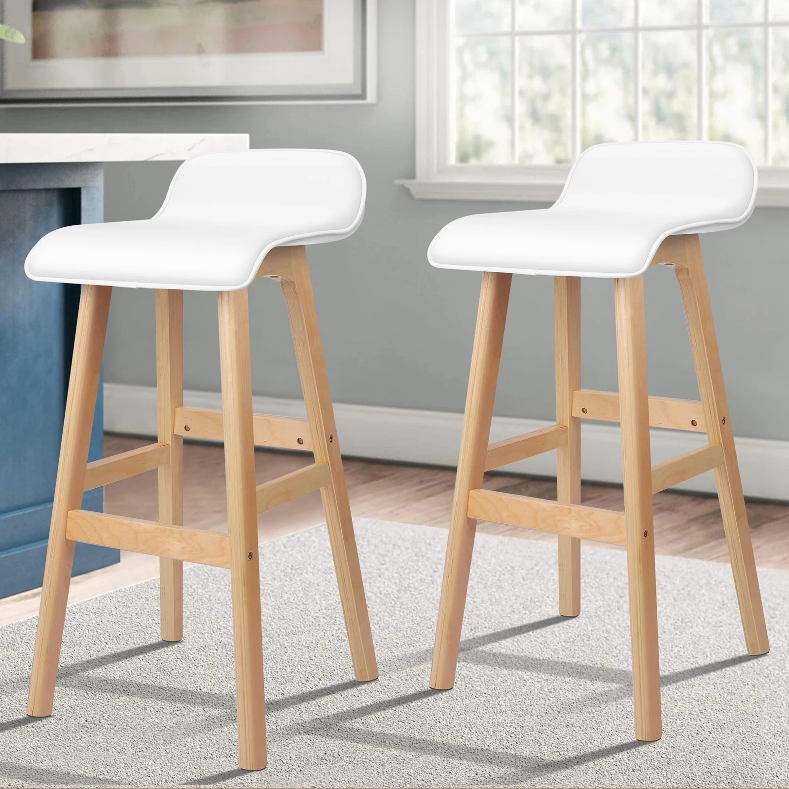 2 Alfordson 2x Wooden Bar Stools Kitchen Dining Chair Leather Samuel - White, 2 of 10