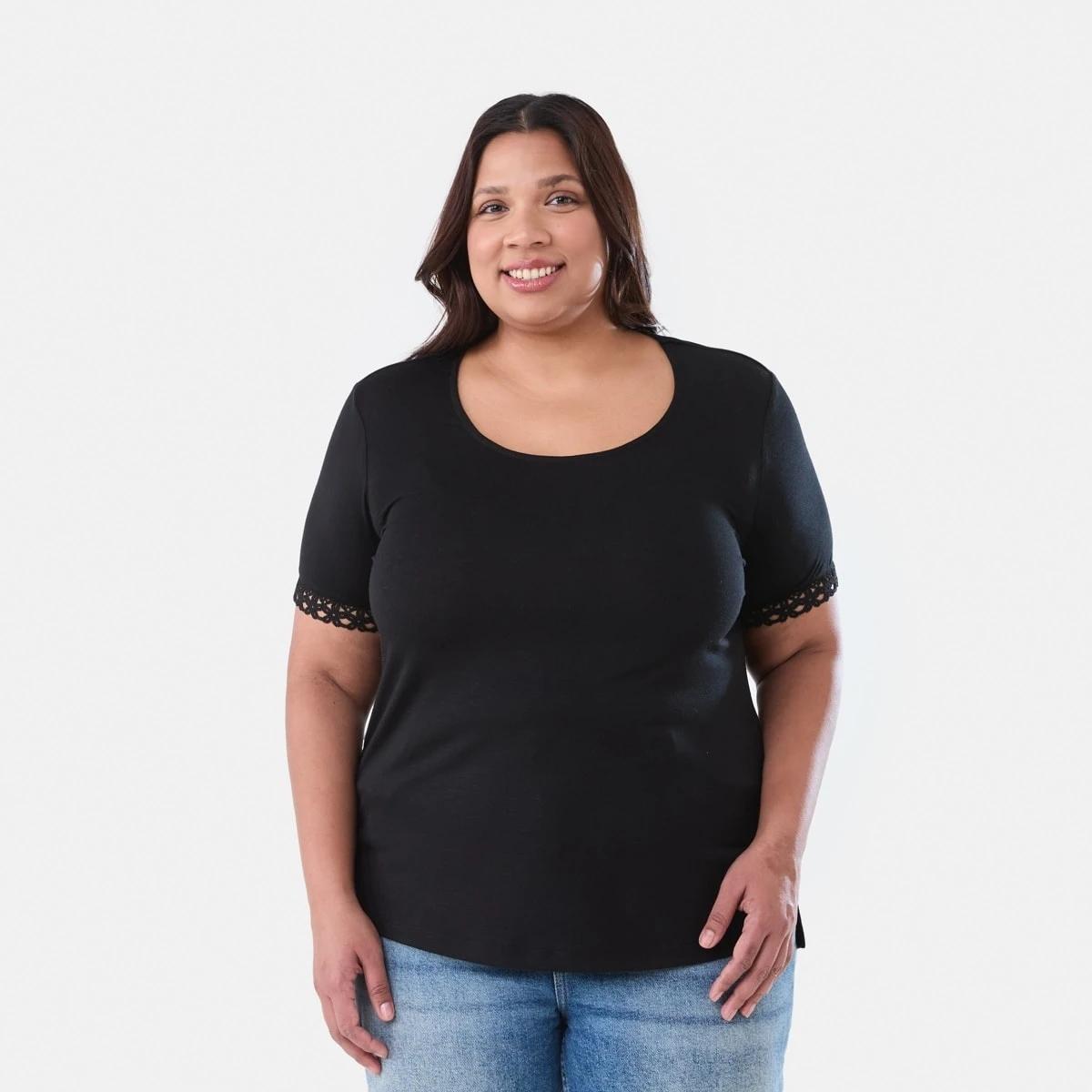 1 Curve Short Sleeve Boho Trim Top BLACK, 1 of 6