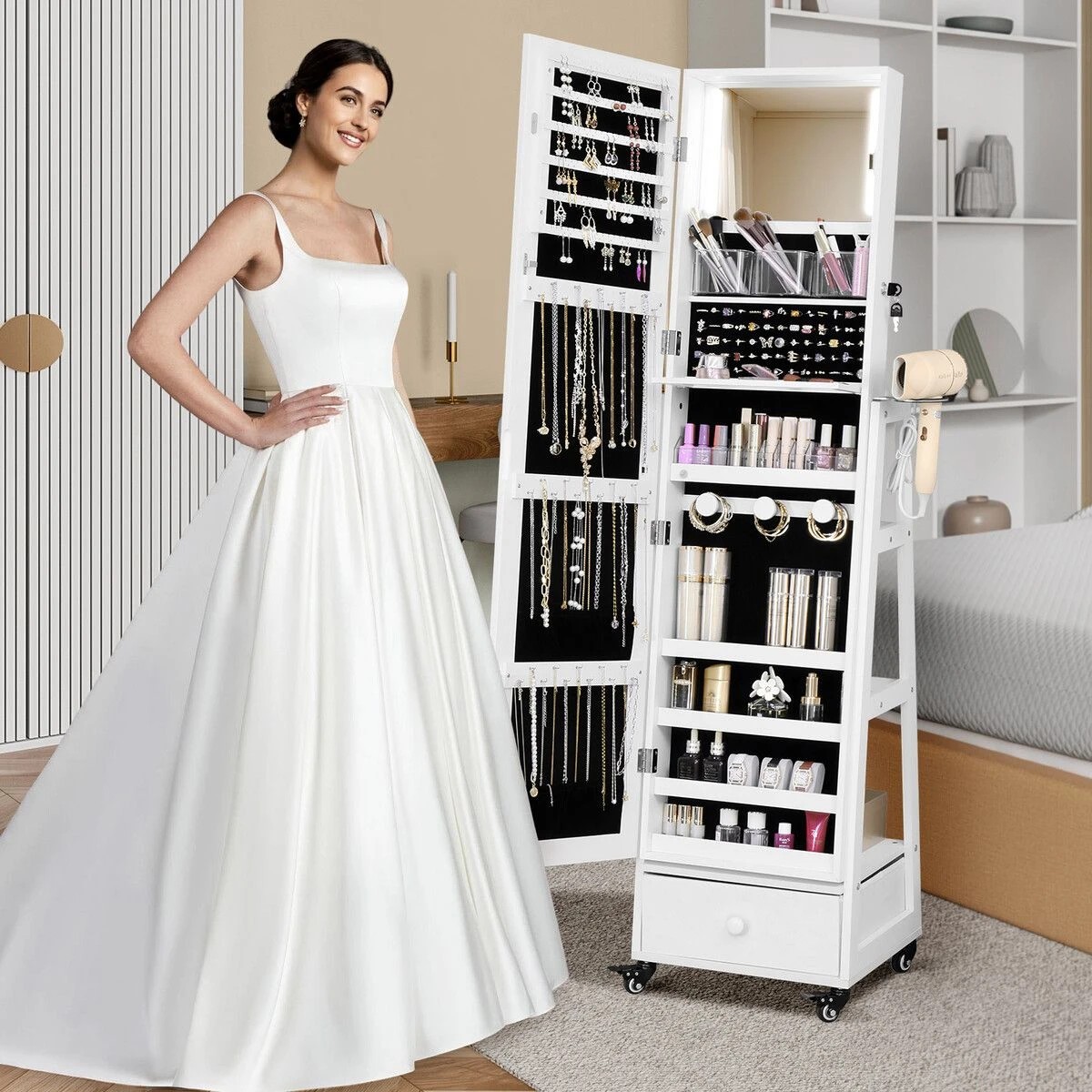 3 Ausway Full Length Floor Mirror Jewellery Cabinet Armoire Organiser Storage Shelf Free Standing Box Vanity - White, 3 of 6