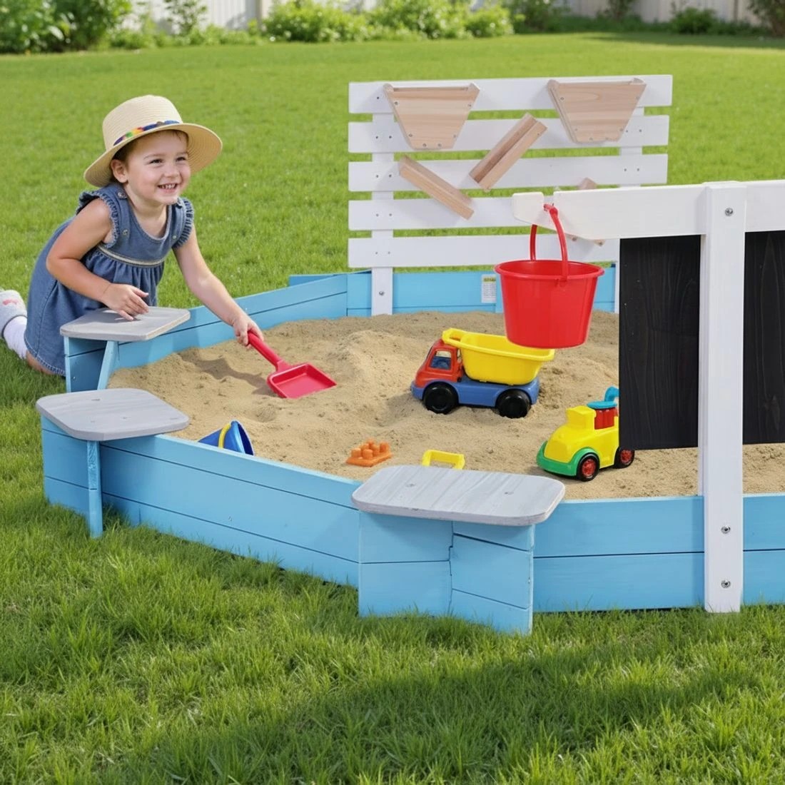 3 Keezi Kids Sandpit en Round Sand Pit Funnel Bench Seat Beach Toys 215cm - Natural, 3 of 7