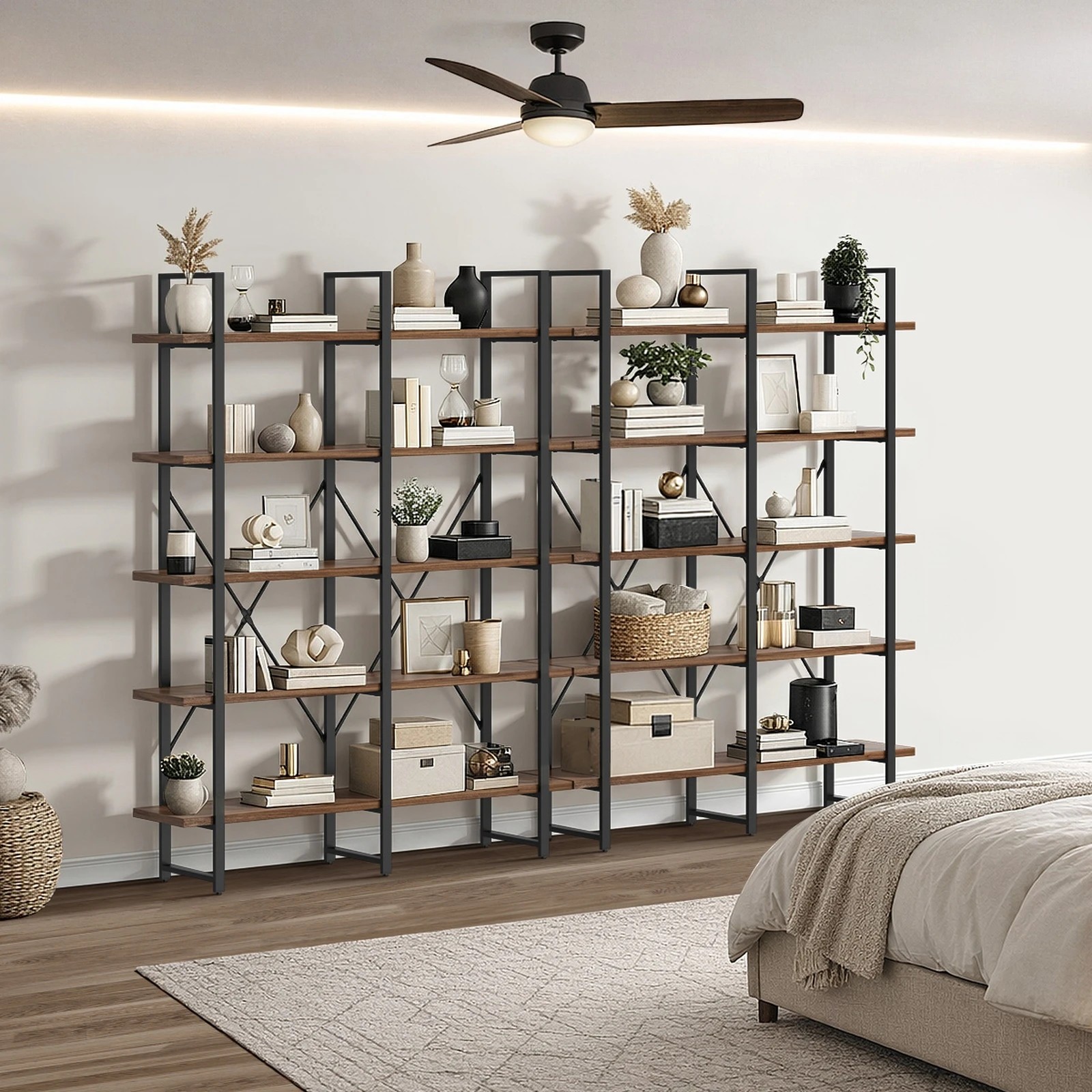4 Oikiture 5 Tier Display Shelf Stand Bookshelf Metal Rack Industrial 1.35m - Brown, 4 of 9