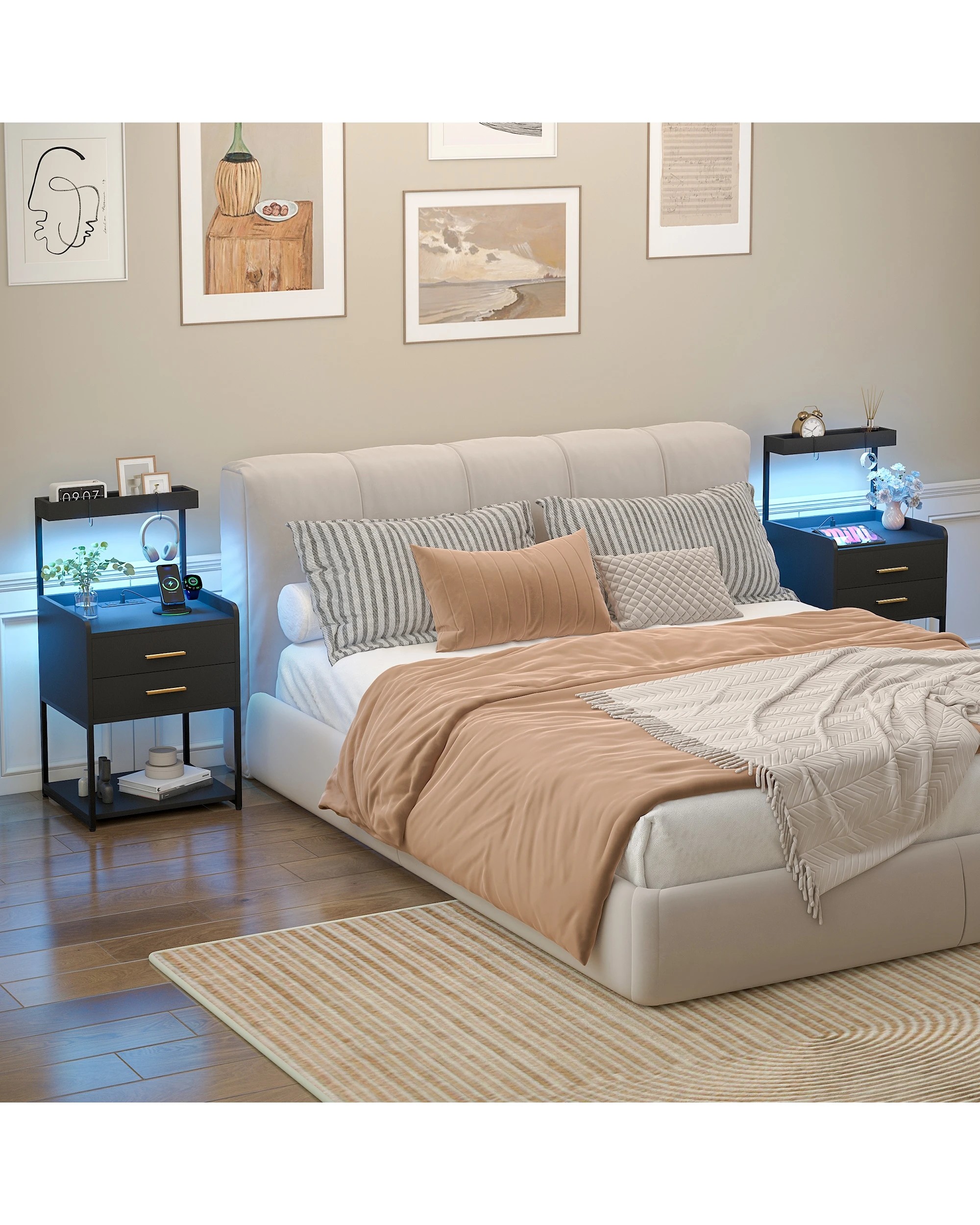 4 Advwin 2 Pcs Bedside Table with Charging Station Led Lights 2 Drawers Open Shelves - Black, 4 of 6