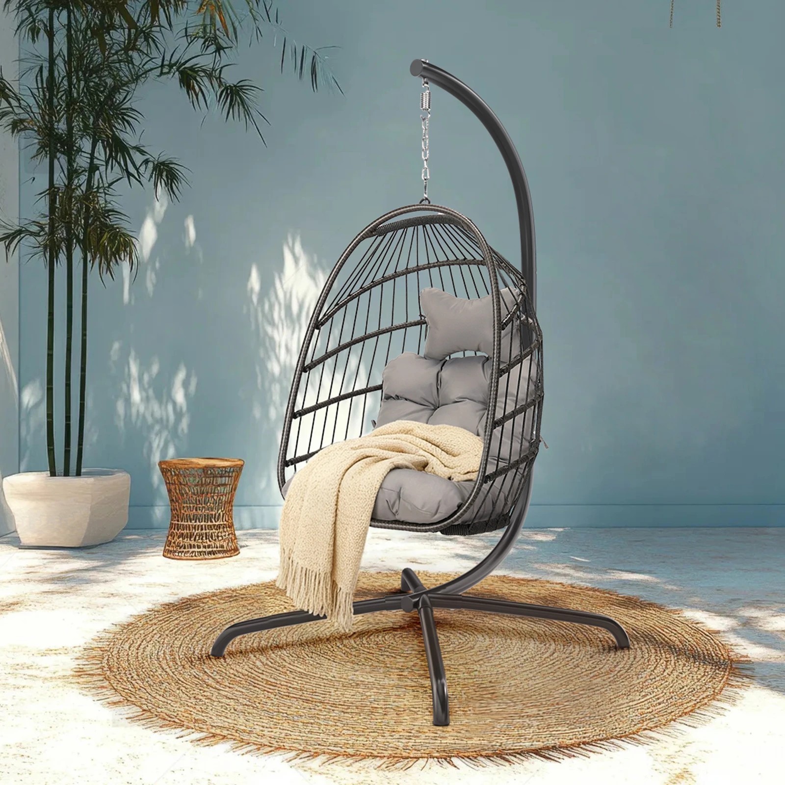 5 Alfordson Outdoor Egg Swing Chair Wicker Rattan Pod Foldable Seat - Light Grey, 5 of 10