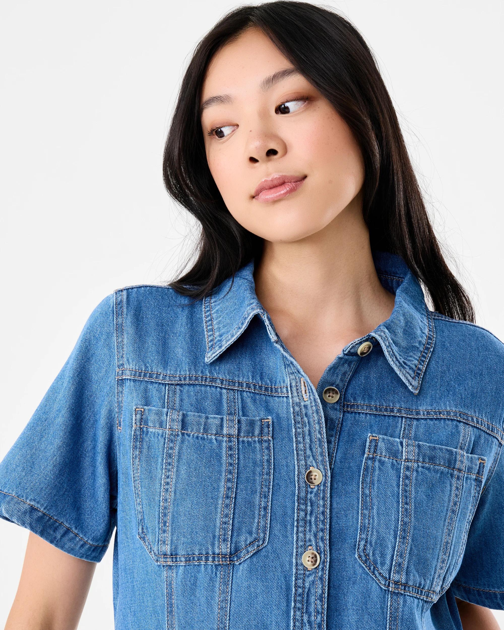 5 Short Sleeve Denim Button Through Midi Dress Dark Wash, 5 of 9