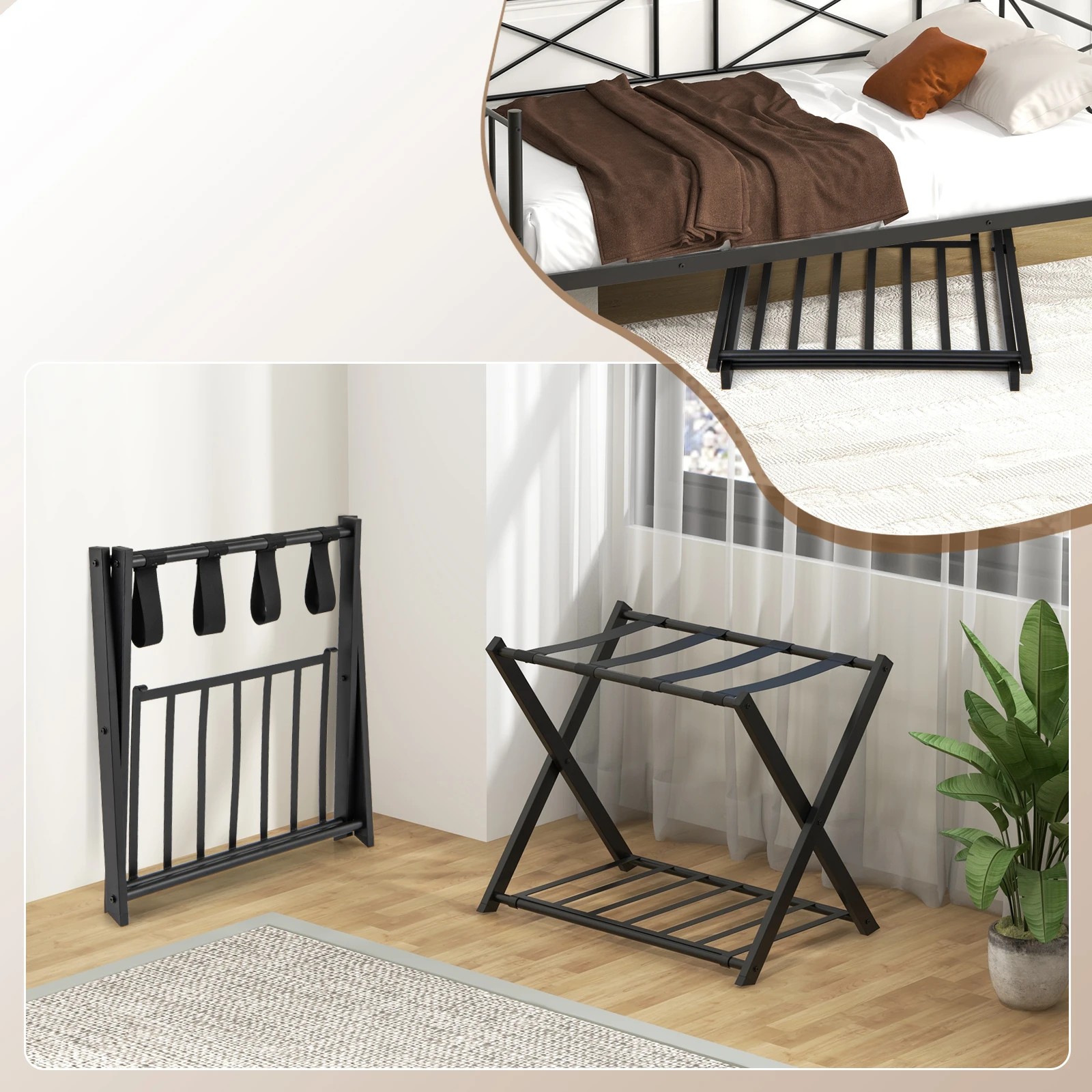 3 Costway 2-Tier Folding Luggage Rack Iron Suitcase Stand w/Shelf Bag Suitcase Storage - Black, 3 of 5
