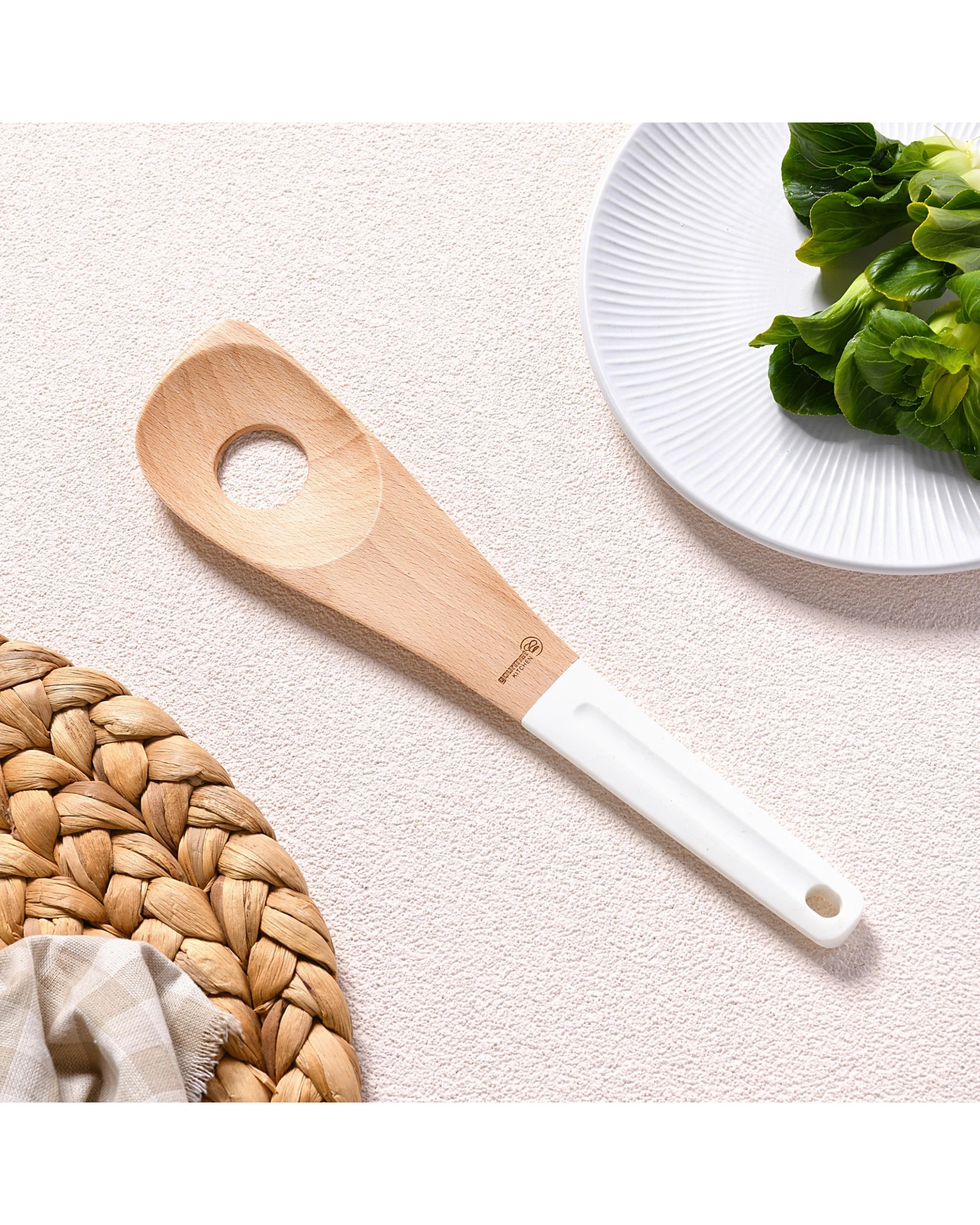 2 Gourmet Kitchen Modern Beech Wood Corner Spoon with Silicone Grip - White, 2 of 9