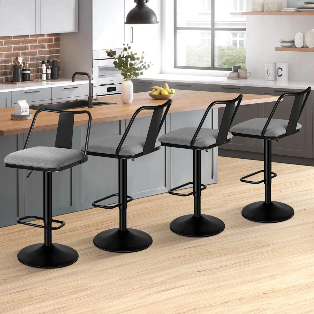 10 Alfordson 4x Bar Stools Gas Lift Fabric Bar Chairs Kitchen Swivel Gloria - Grey, 10 of 10