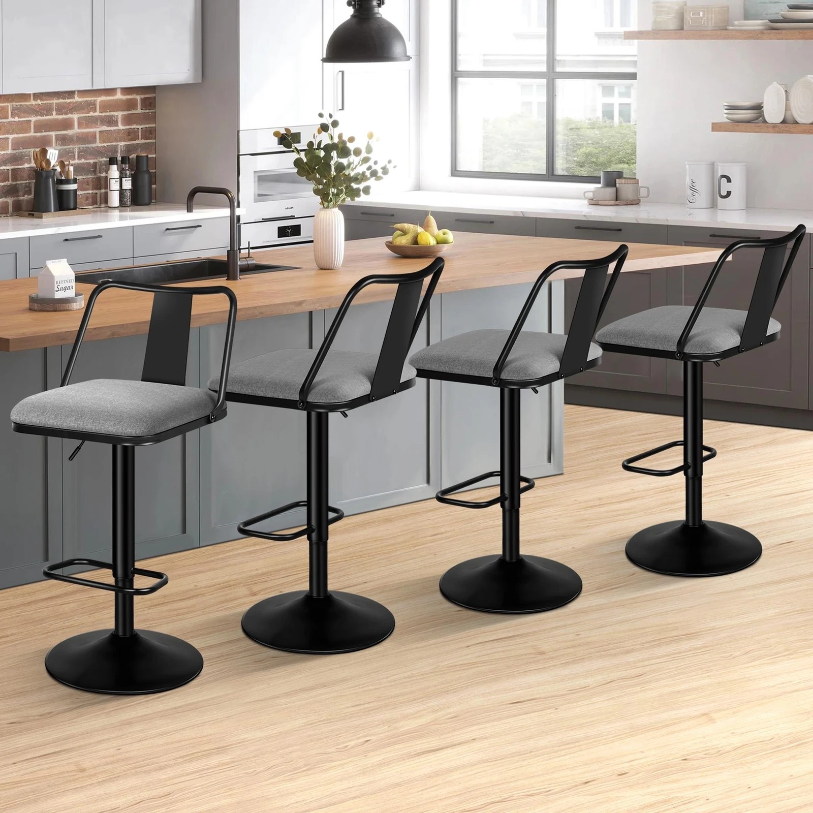 10 Alfordson 4x Bar Stools Gas Lift Fabric Bar Chairs Kitchen Swivel Gloria - Grey, 10 of 10