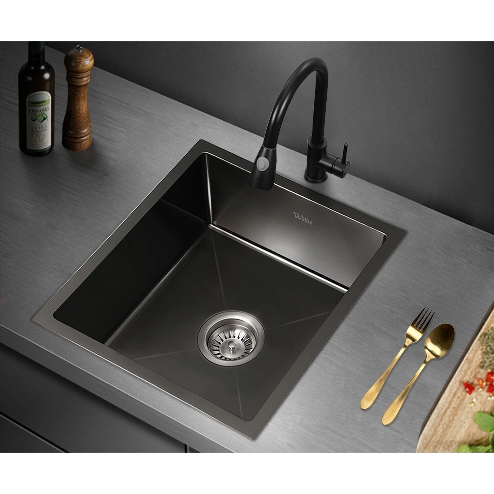 3 Welba Kitchen Sink 44X38CM Stainless Steel Single Bowl Basin With Waste - Black, 3 of 6