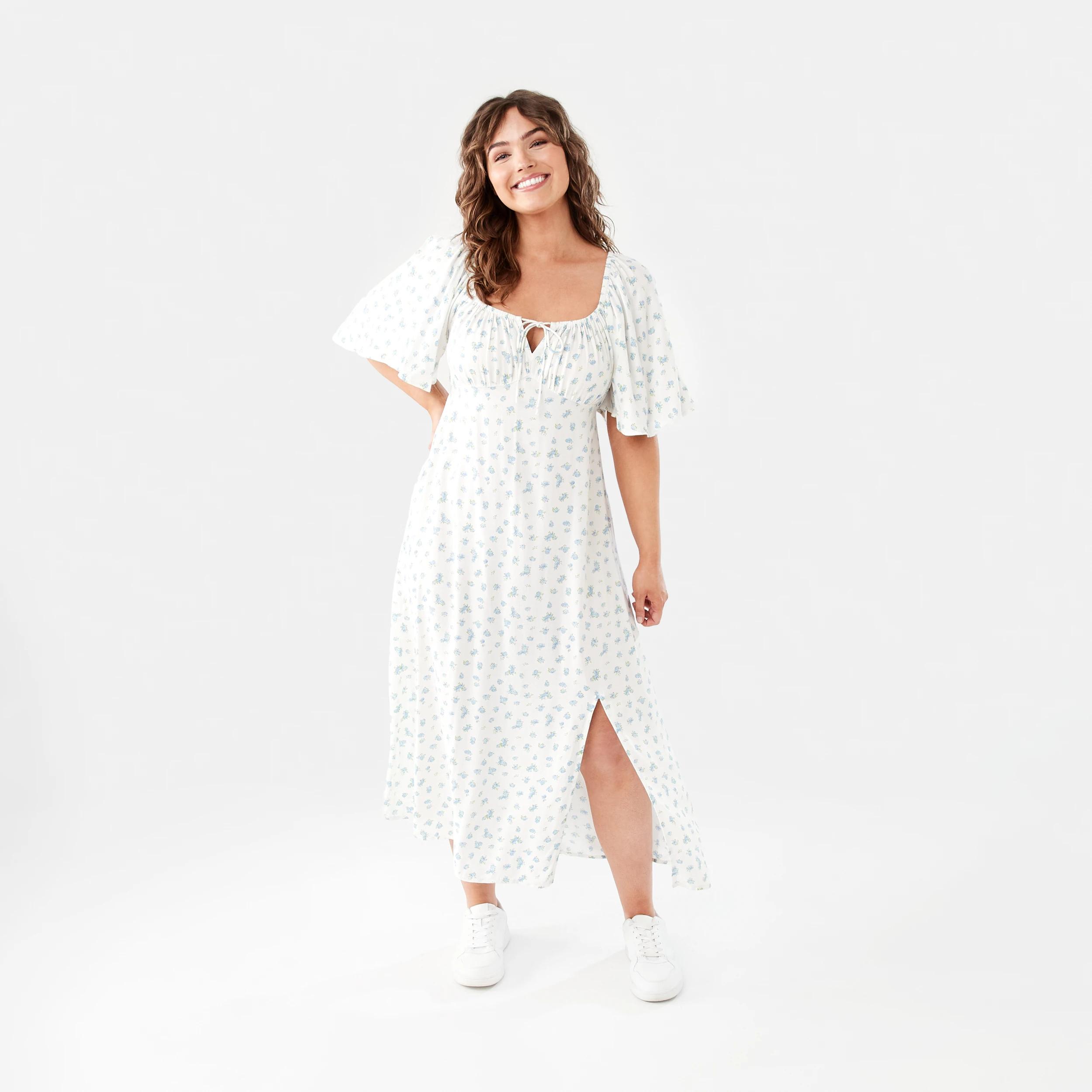 1 Short Sleeve Square Neck Tea Midi Dress DITSY ROSE CLOUD WHITE, 1 of 8