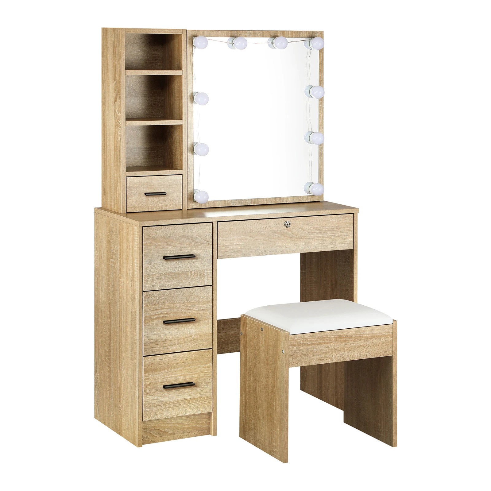 6 Oikiture Dressing Table Stool Set Makeup Slide Mirror Drawer 10 Led Bulbs Wooden
 - Natural, 6 of 9