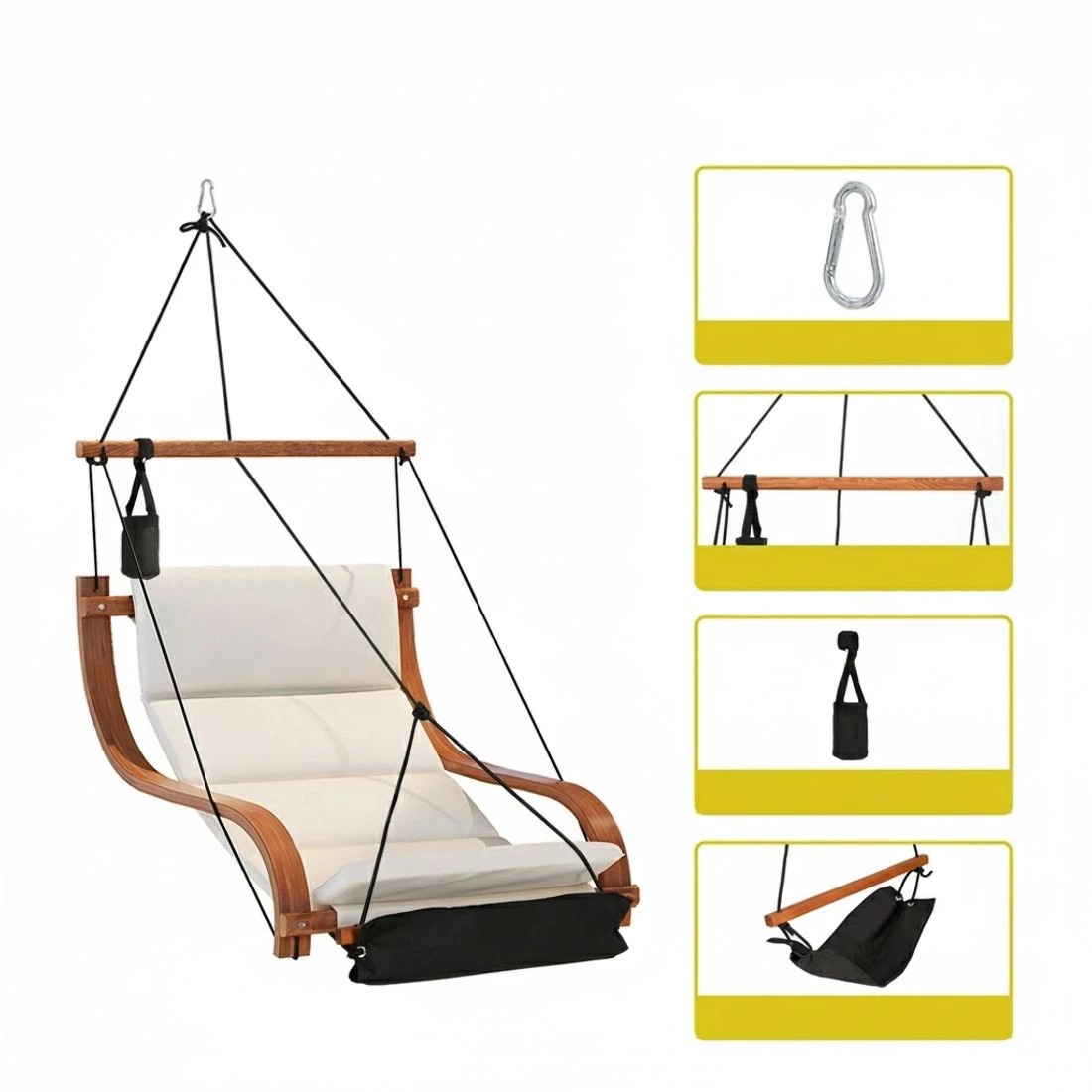 4 Gardeon Hammock Chair Wooden Hanging Indoor Outdoor Lounge - Beige, 4 of 5