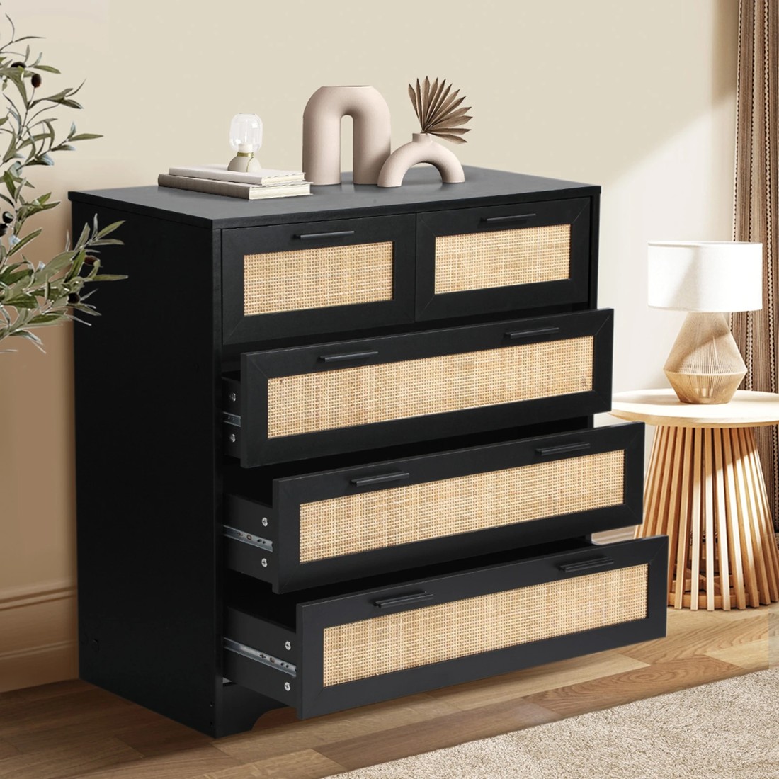3 Oikiture 5 Chest Of Drawers Dresser Storage Cabinet Tallboy Rattan
 - Black, 3 of 10