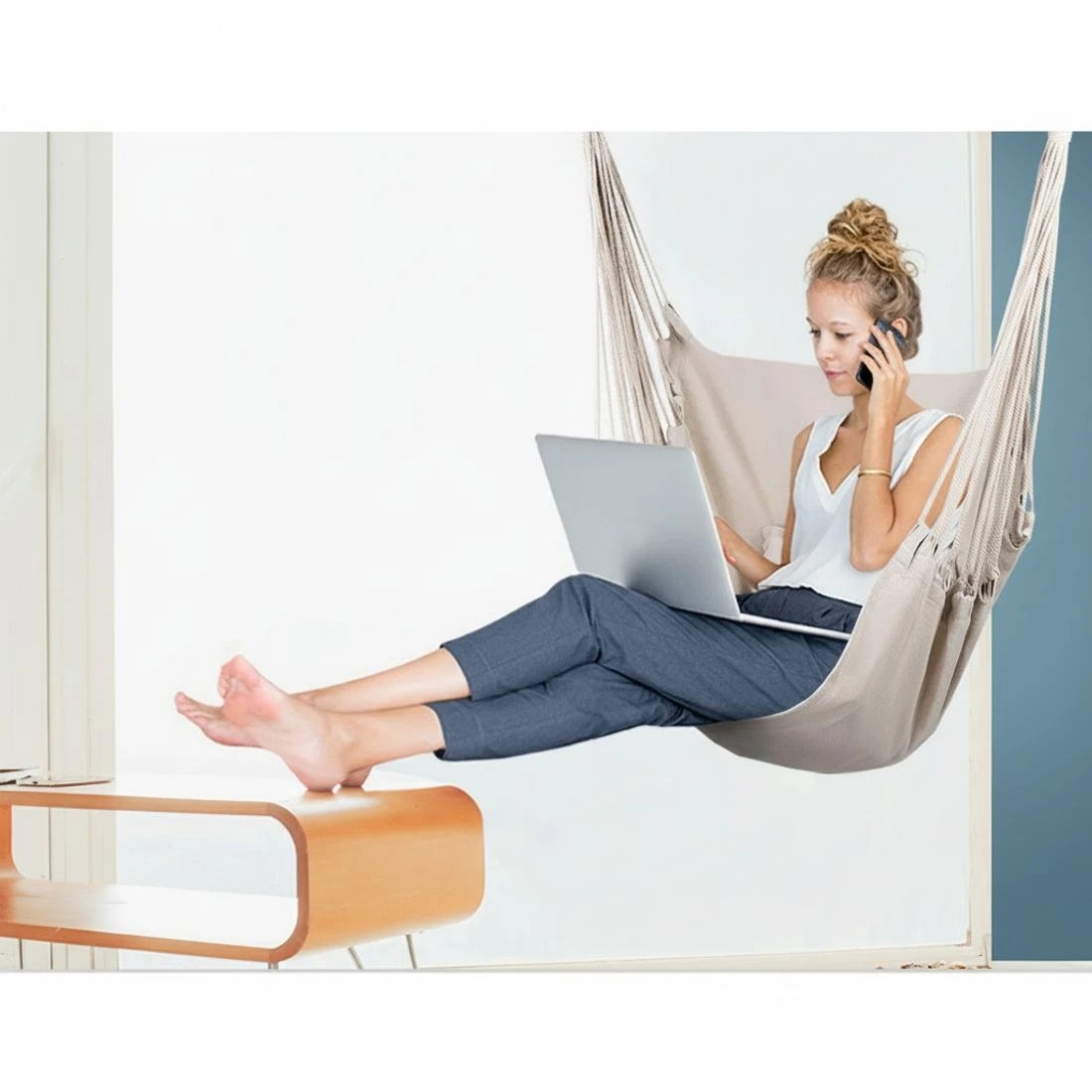 5 Gardeon Hammock Chair Outdoor Camping Hanging Hammocks Cushion Pillow - Beige, 5 of 7