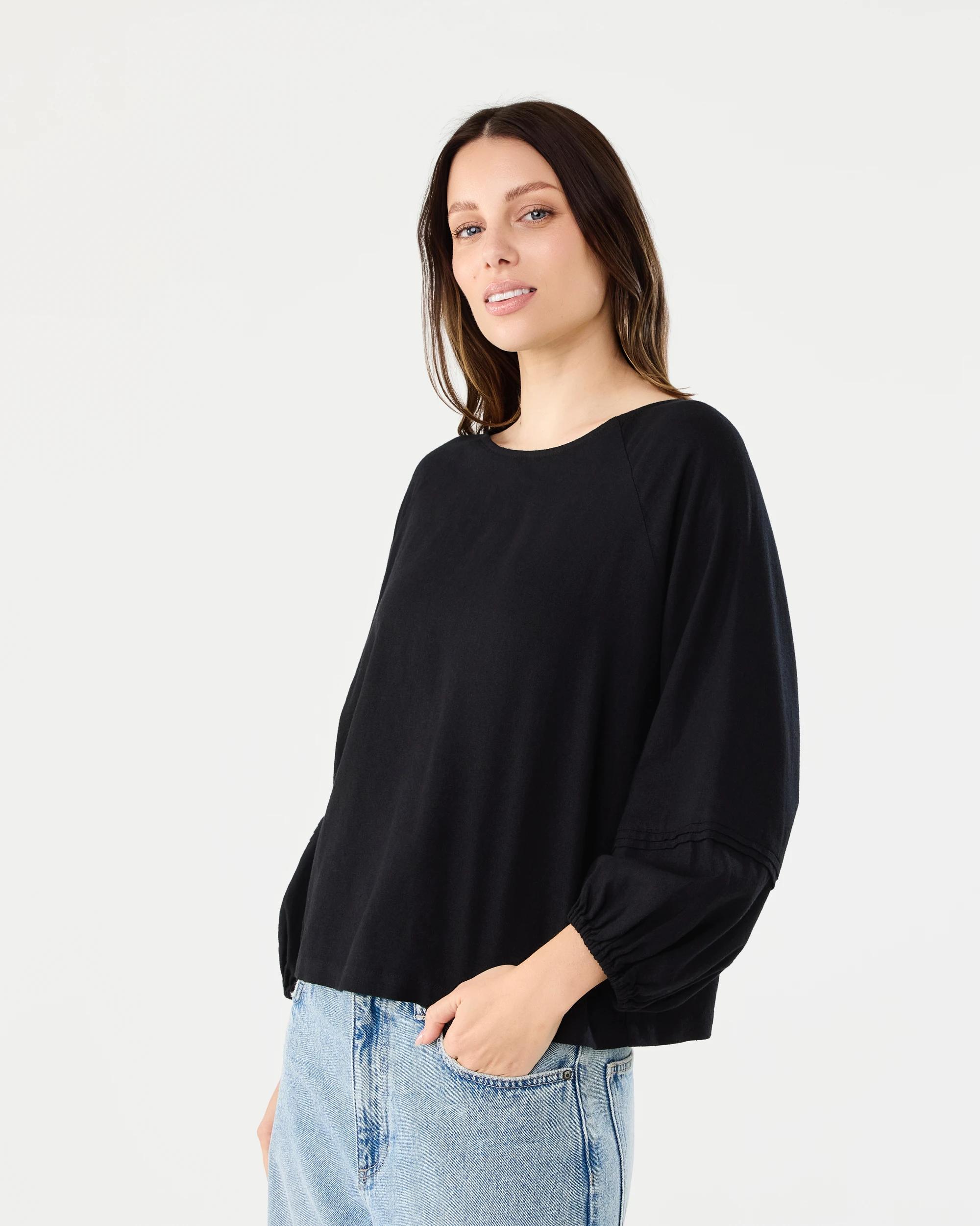 2 Long Sleeve Linen Blend Top Black, 2 of 7