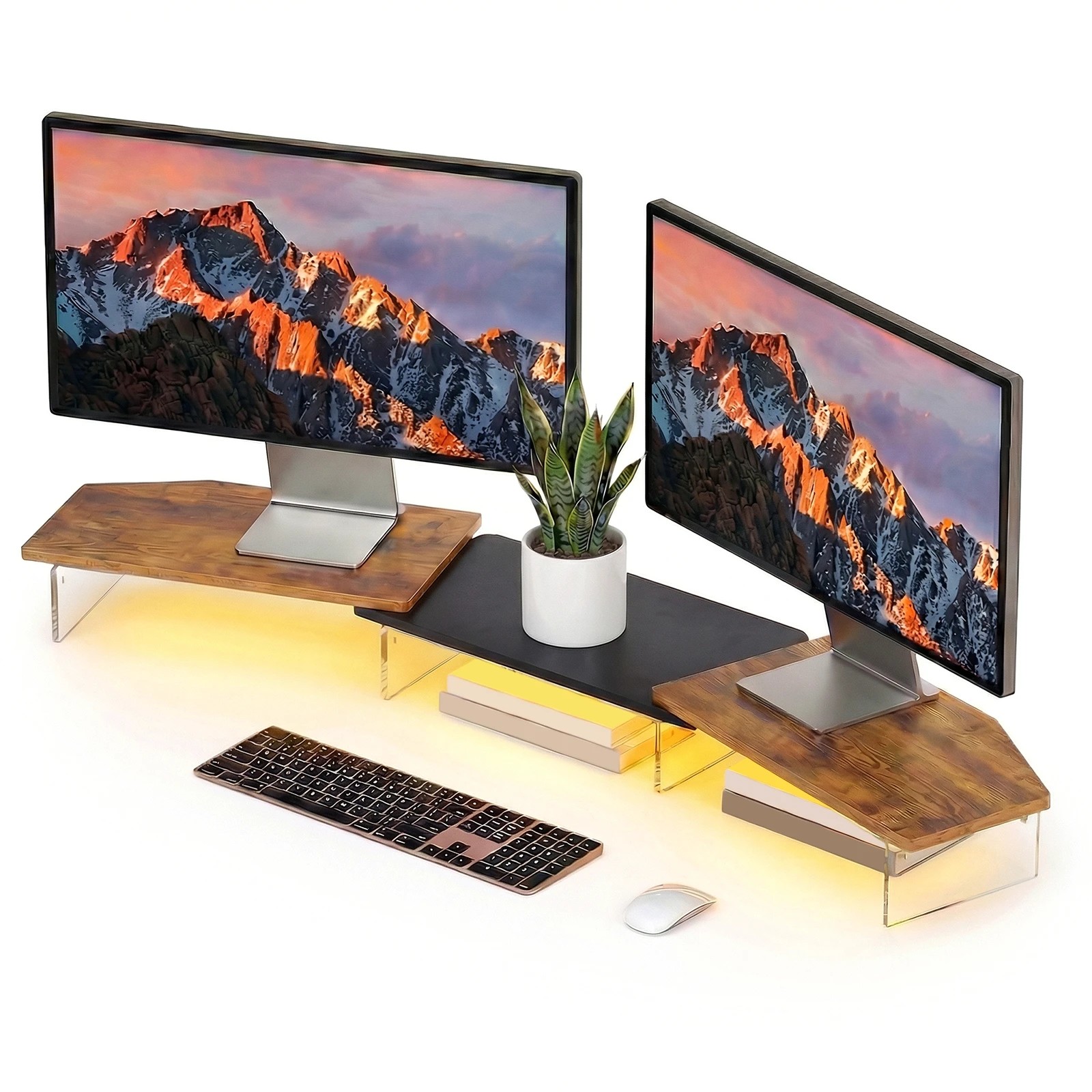 1 Advwin 113cm LED Dual Monitor Stand w/ Acrylic Leg Adjustable Brown, 1 of 7