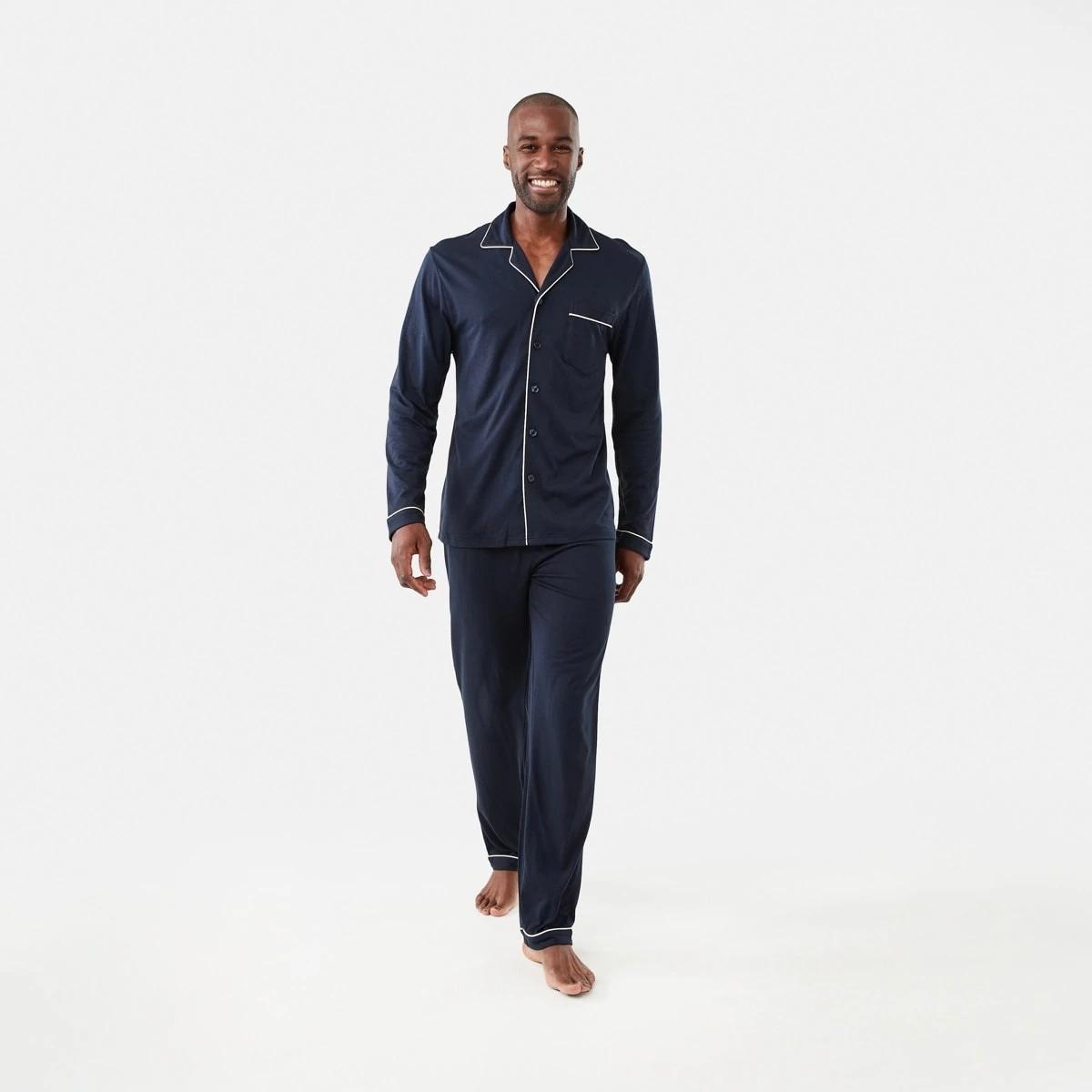 1 Long Sleeve Button Through Top Knit Pyjama Set Sky Cptn, 1 of 7