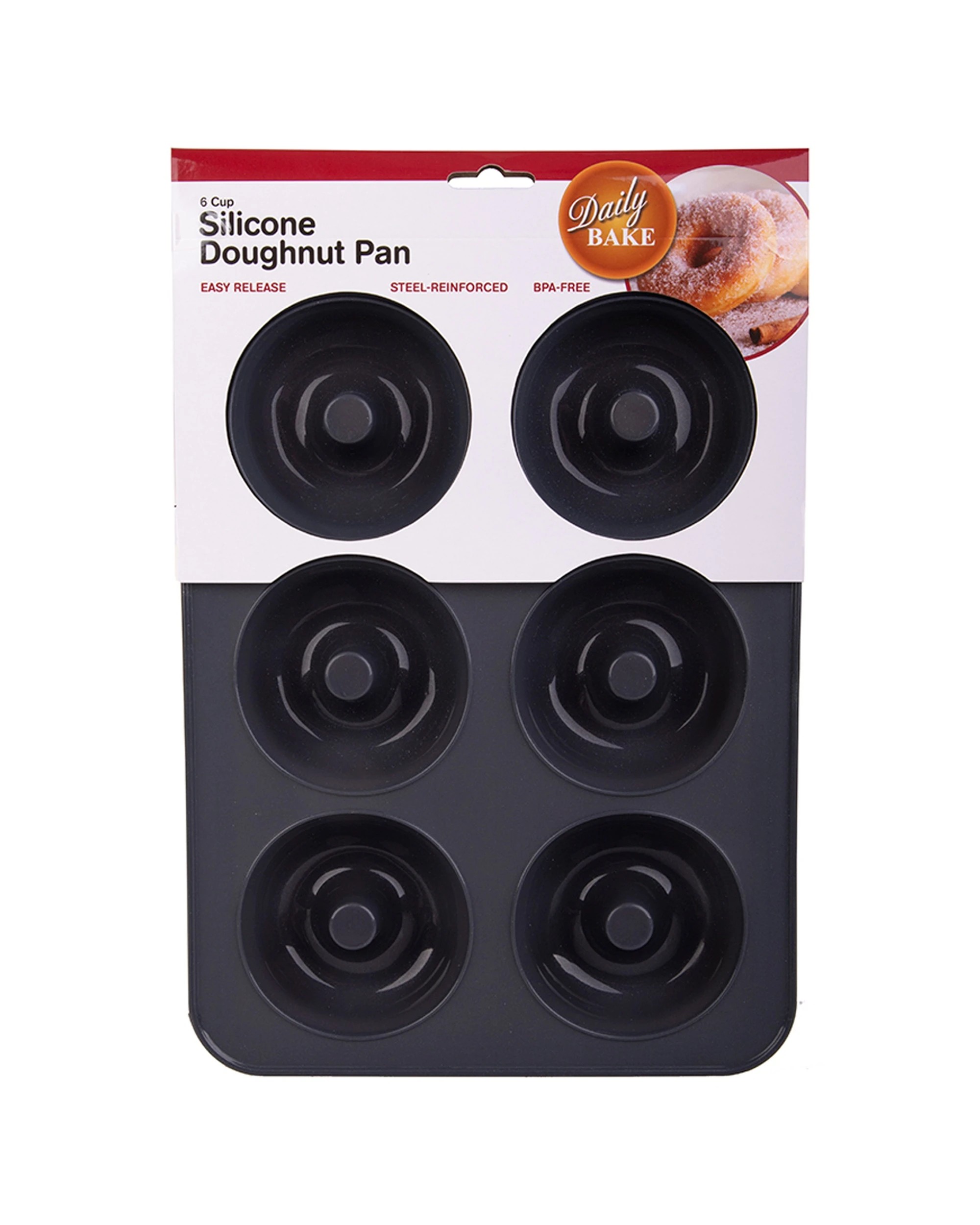 2 Daily Bake Silicone 6 Cup Doughnut Pan Steel Reinforced Easy Release Bakeware - Black, 2 of 2