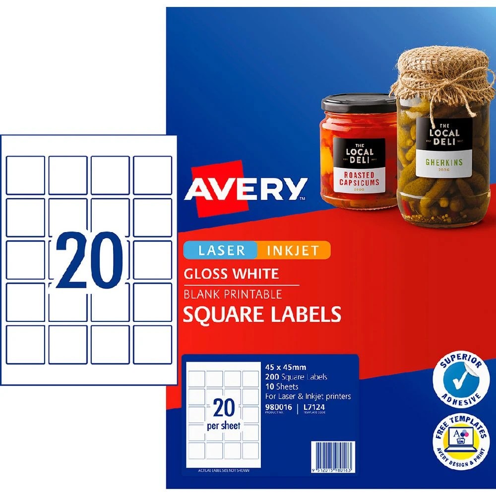 1 Avery 20UP Inkjet Laser Square Labels 45mm White 10 Sheets, 1 of 6
