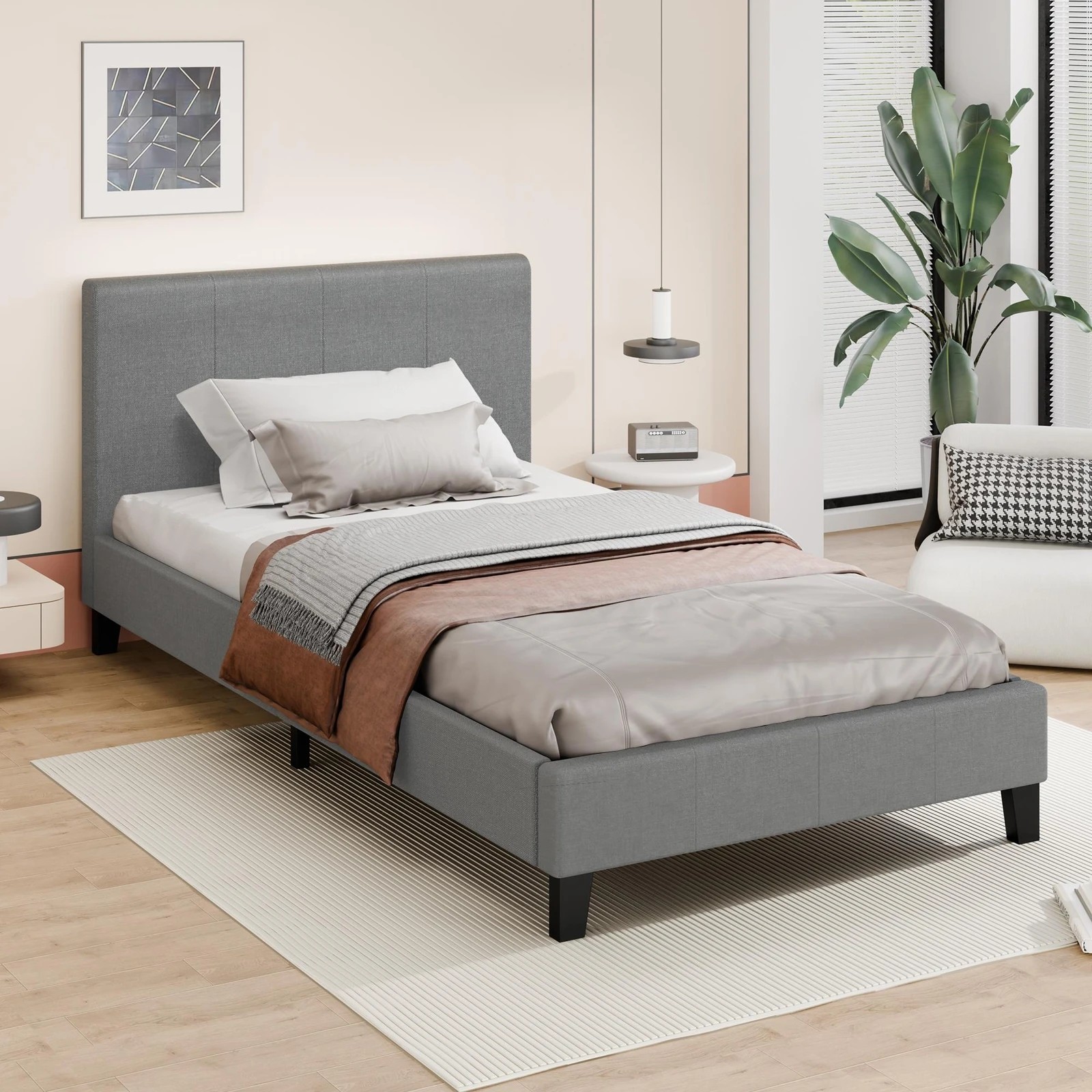 9 Alfordson Bed Frame Single Size Mattress Base Wooden Platform Fabric - Grey, 9 of 10