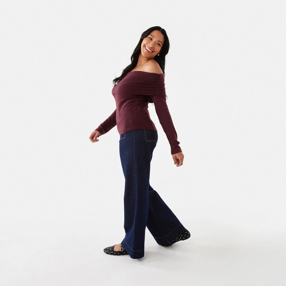 3 Long Sleeve Off Shoulder Top Burgundy, 3 of 7