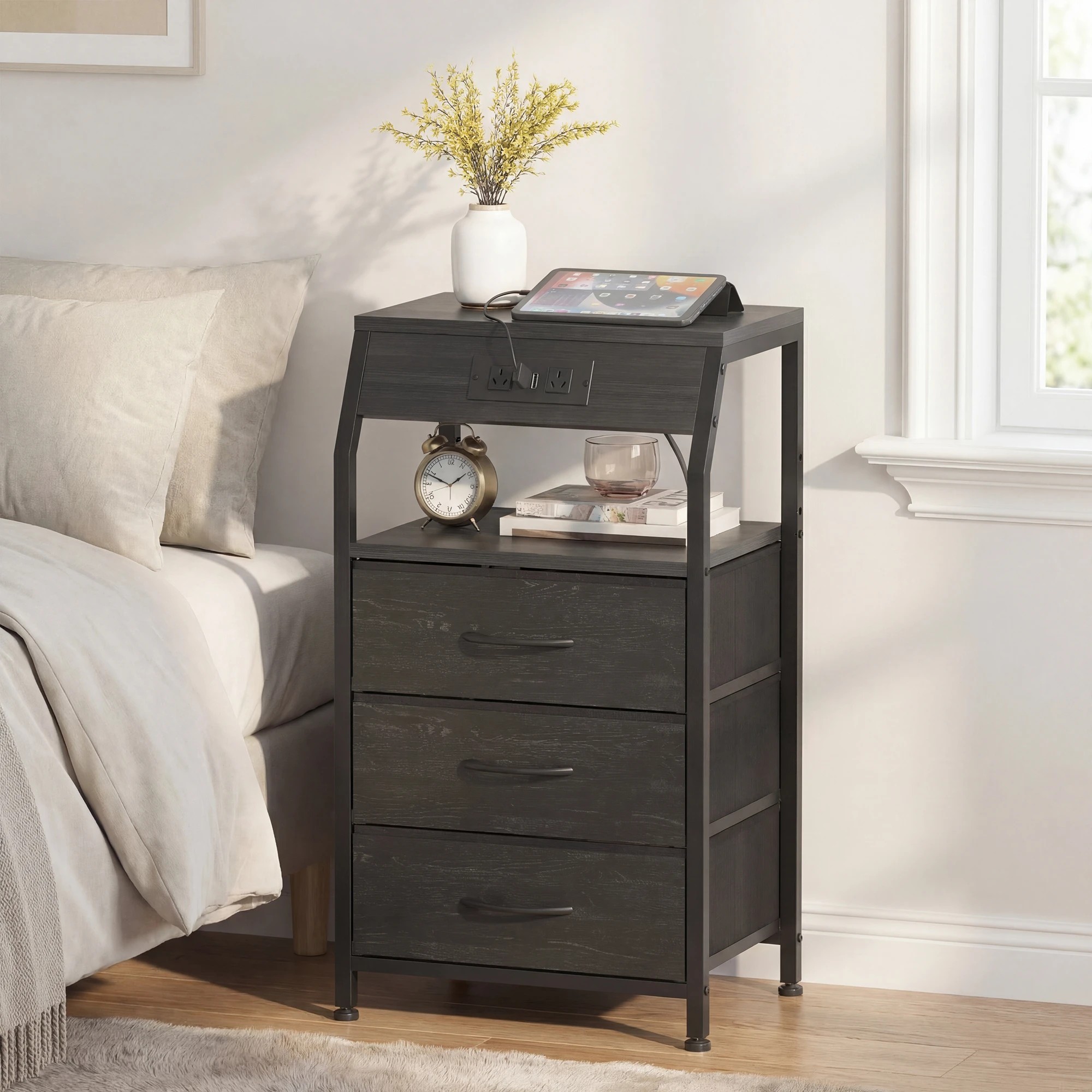 2 Advwin Bedside Table with Charging Station 3 Fabric Drawers Nightstand - Black, 2 of 10