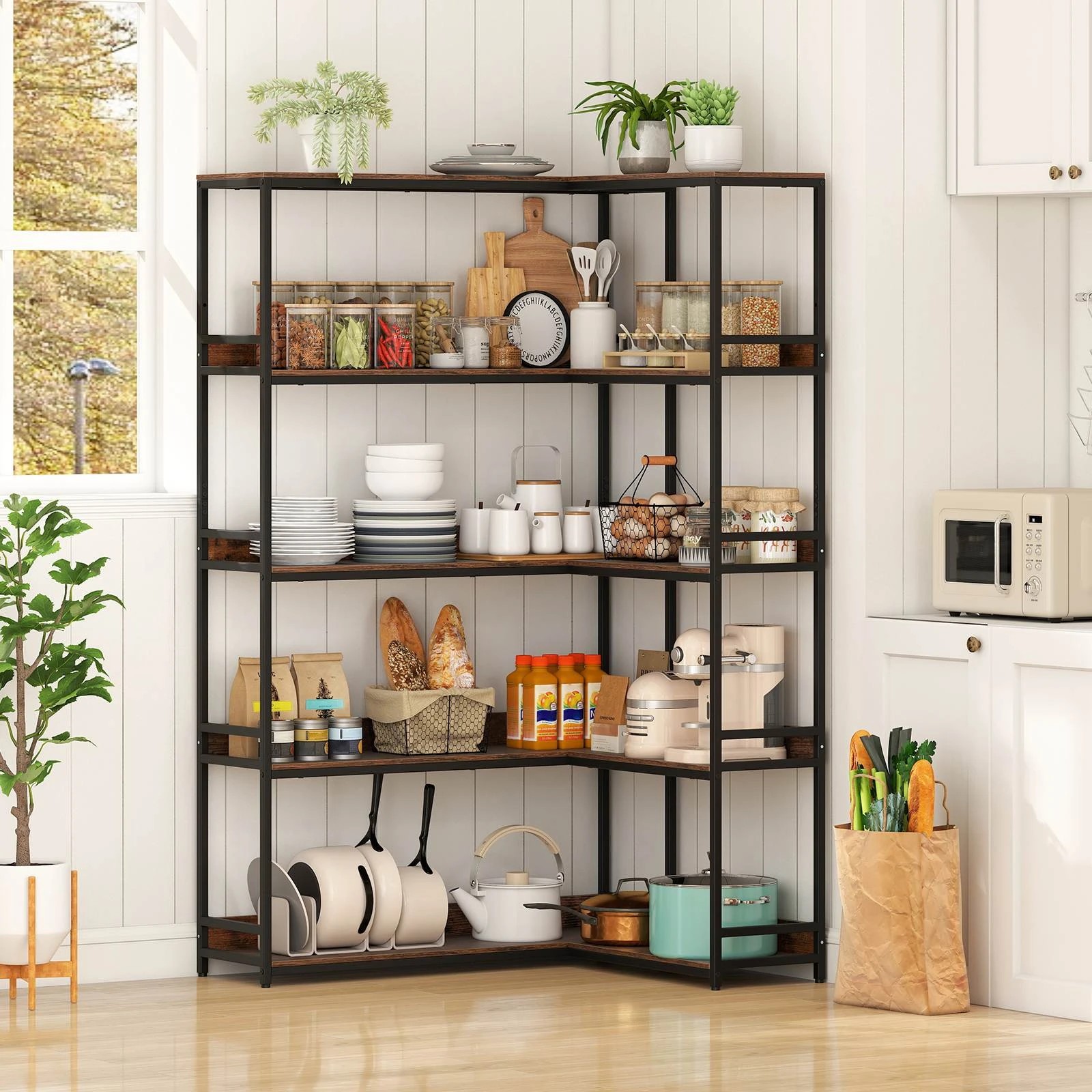 2 Costway 180CM Corner Bookshelf 5-Tier L-Shaped Utility Shelves Metal Frame Bookcase - Brown, 2 of 4