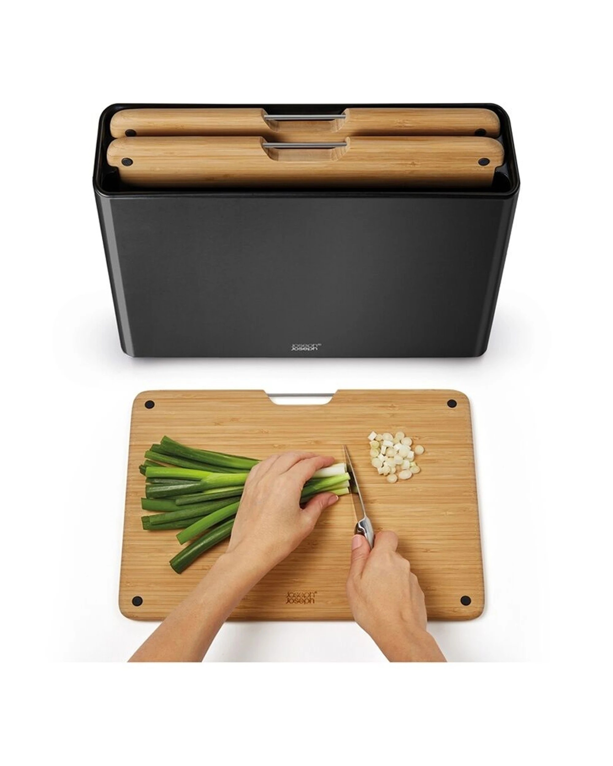 3 Joseph Joseph Folio 3pc Bamboo Chopping Board Set Stainless Steel Organiser - Black, 3 of 7